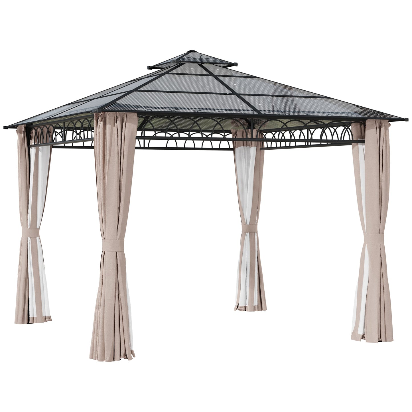 9' x 10' Outdoor Gazebo Canopy, Double Roof Hardtop Gazebo with Polycarbonate Roof, Steel Frame, Nettings and Curtains, for Garden, Lawn, Backyard and Deck, Khaki