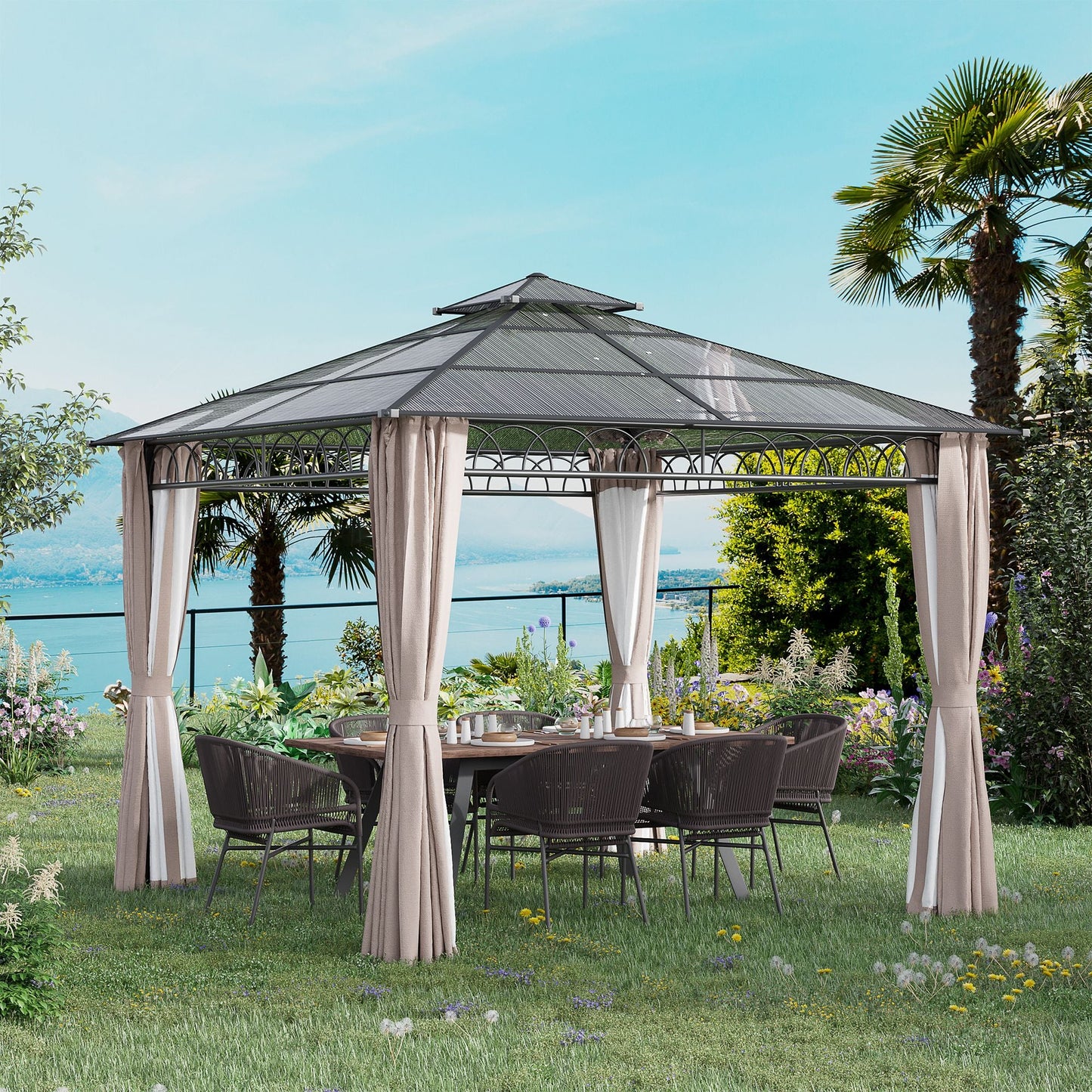 9' x 10' Outdoor Gazebo Canopy, Double Roof Hardtop Gazebo with Polycarbonate Roof, Steel Frame, Nettings and Curtains, for Garden, Lawn, Backyard and Deck, Khaki