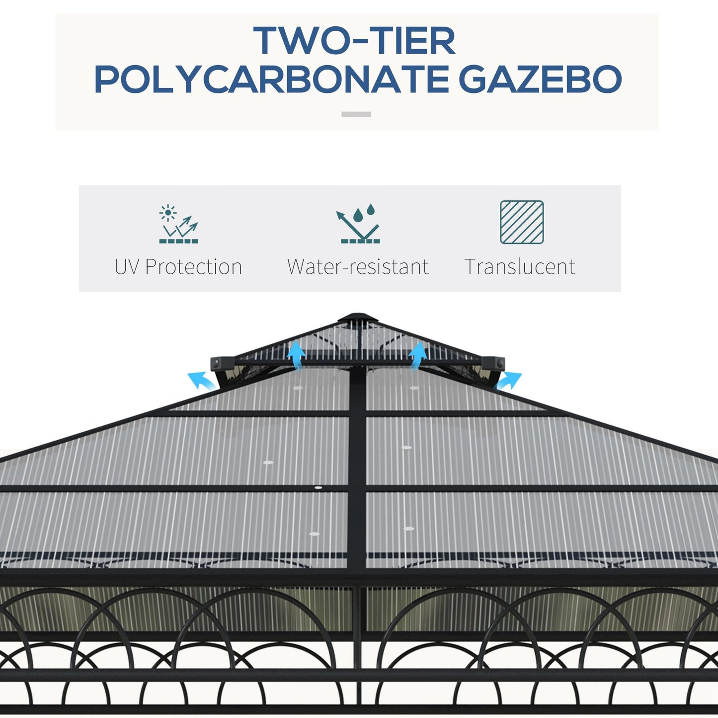 9' x 10' Outdoor Gazebo Canopy, Double Roof Hardtop Gazebo with Polycarbonate Roof, Steel Frame, Nettings and Curtains, for Garden, Lawn, Backyard and Deck, Khaki