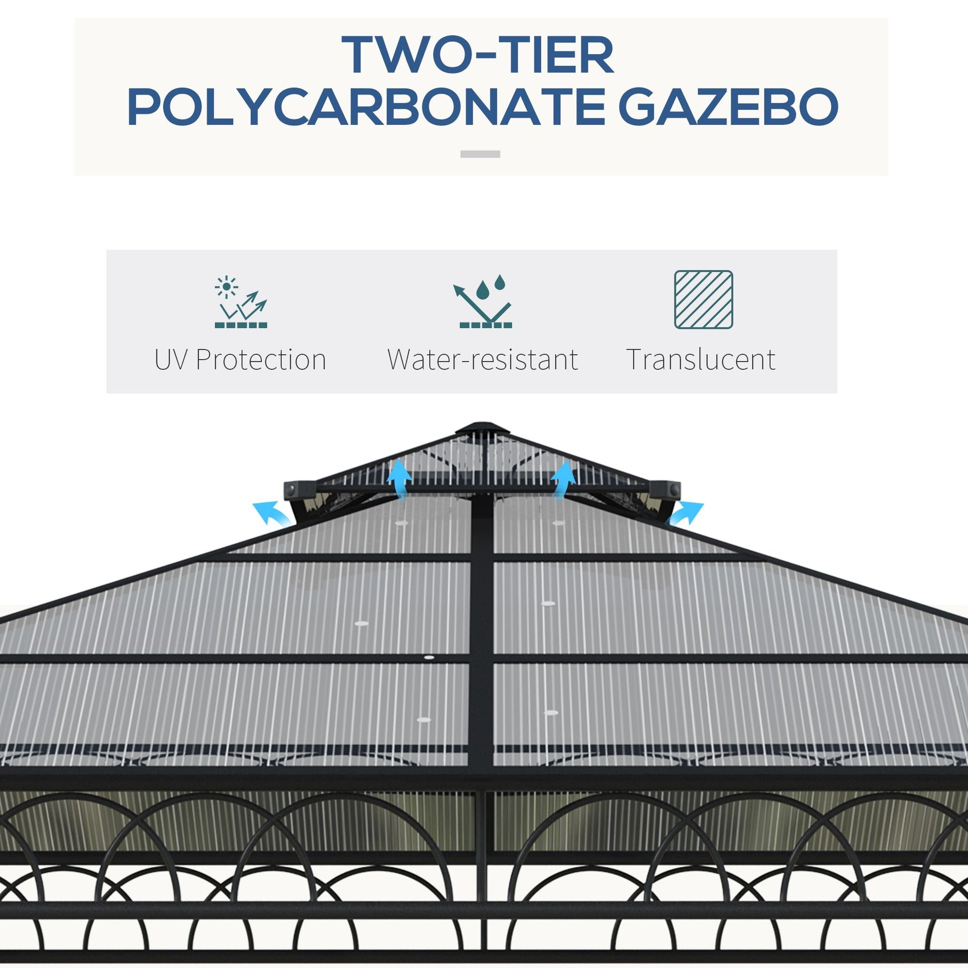 9' x 10' Outdoor Gazebo Canopy, Double Roof Hardtop Gazebo with Polycarbonate Roof, Steel Frame, Nettings and Curtains, for Garden, Lawn, Backyard and Deck, Khaki