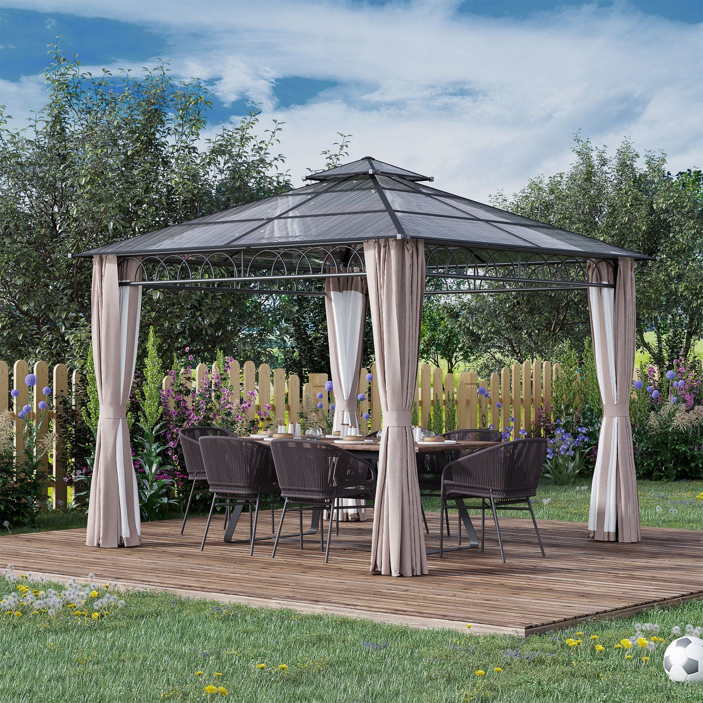 9' x 10' Outdoor Gazebo Canopy, Double Roof Hardtop Gazebo with Polycarbonate Roof, Steel Frame, Nettings and Curtains, for Garden, Lawn, Backyard and Deck, Khaki