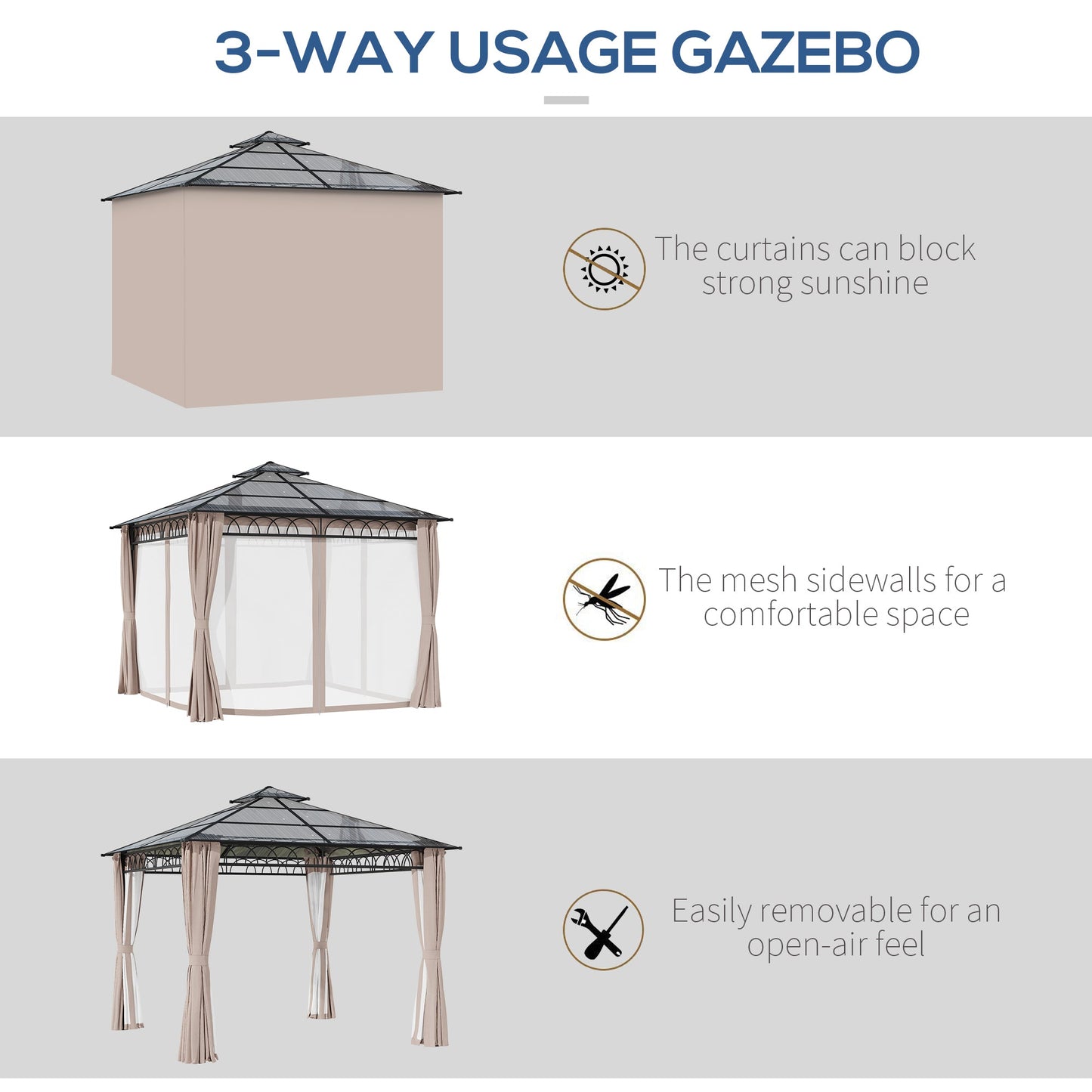 9' x 10' Outdoor Gazebo Canopy, Double Roof Hardtop Gazebo with Polycarbonate Roof, Steel Frame, Nettings and Curtains, for Garden, Lawn, Backyard and Deck, Khaki