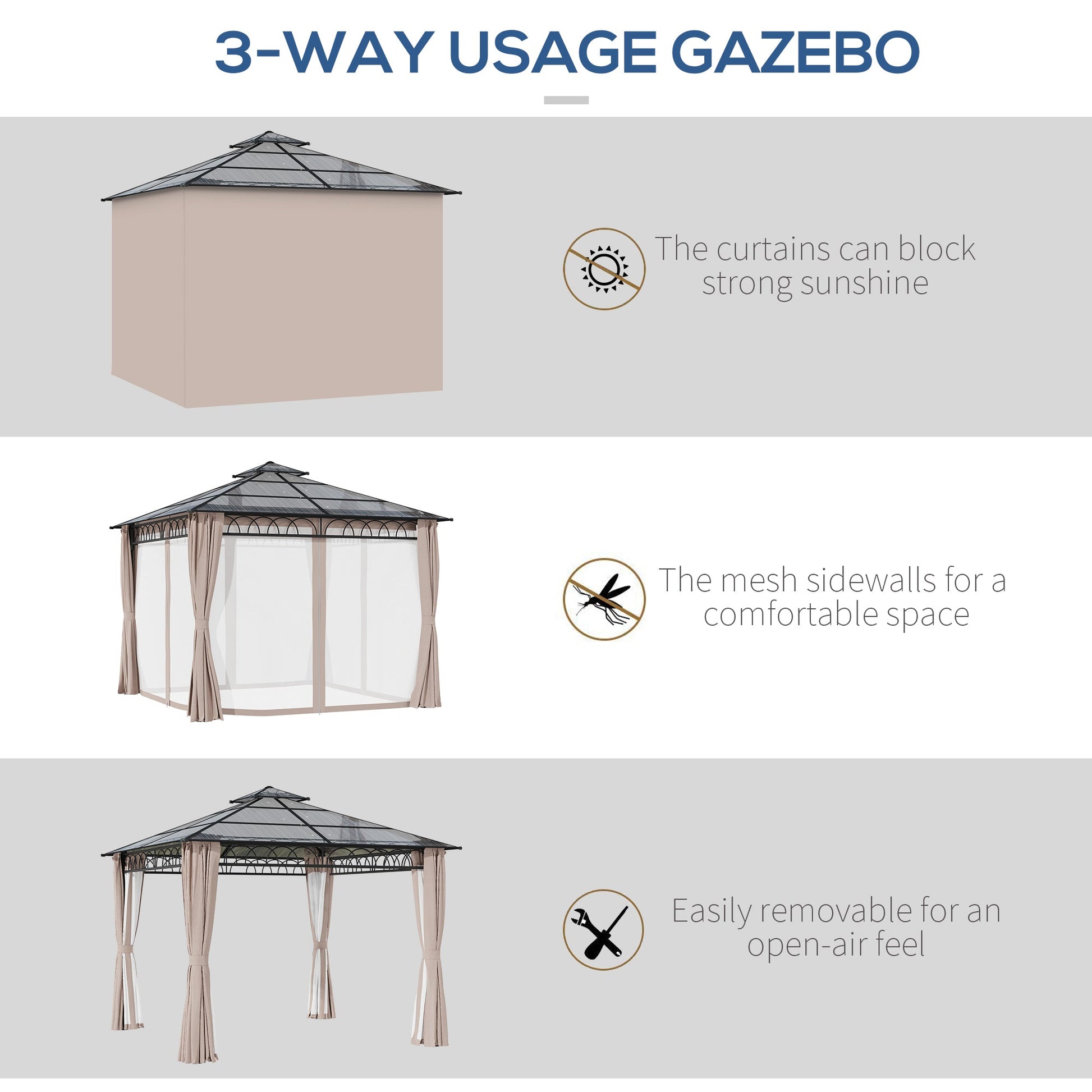 9' x 10' Outdoor Gazebo Canopy, Double Roof Hardtop Gazebo with Polycarbonate Roof, Steel Frame, Nettings and Curtains, for Garden, Lawn, Backyard and Deck, Khaki