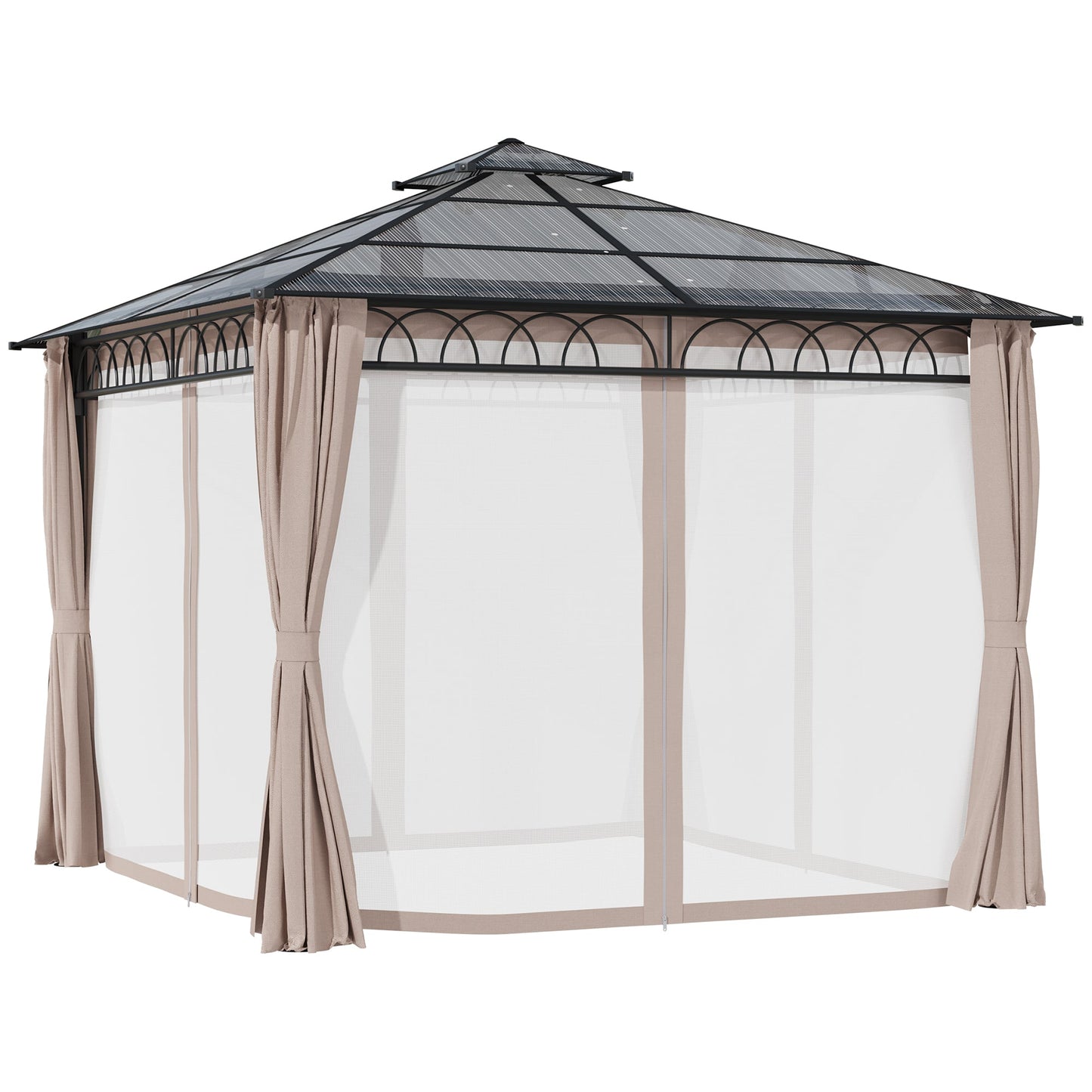 9' x 10' Outdoor Gazebo Canopy, Double Roof Hardtop Gazebo with Polycarbonate Roof, Steel Frame, Nettings and Curtains, for Garden, Lawn, Backyard and Deck, Khaki