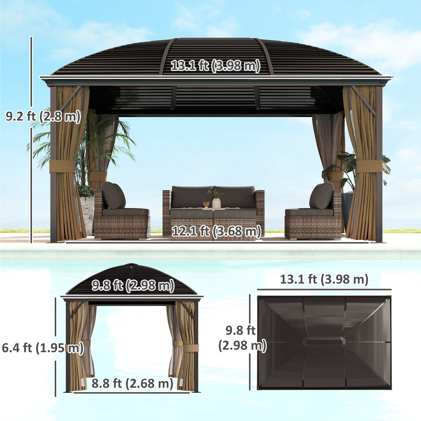 10' x 13' Hardtop Gazebo Canopy with Galvanized Steel Roof, Aluminum Permanent Pavilion Outdoor Gazebo with Top Hook, Netting and Curtains for Garden, Backyard, Brown