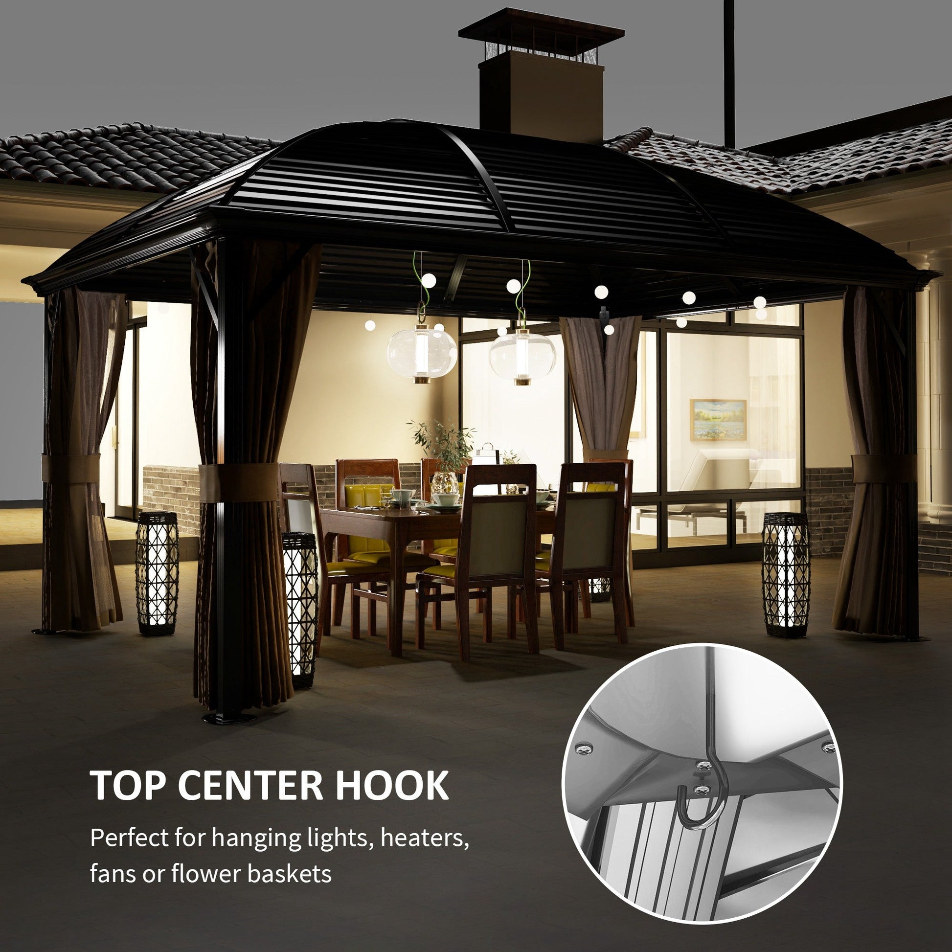 10' x 13' Hardtop Gazebo Canopy with Galvanized Steel Roof, Aluminum Permanent Pavilion Outdoor Gazebo with Top Hook, Netting and Curtains for Garden, Backyard, Brown
