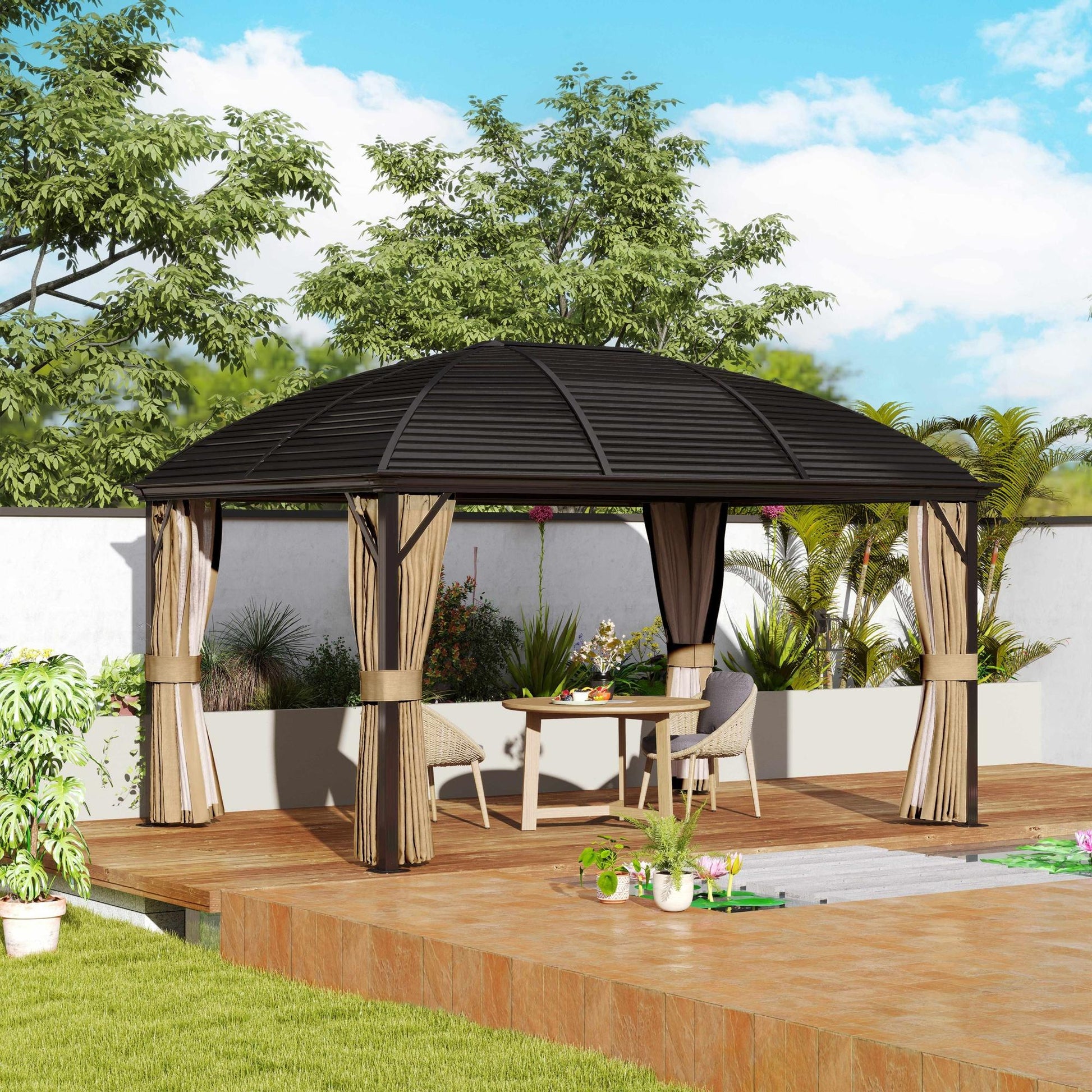 10' x 13' Hardtop Gazebo Canopy with Galvanized Steel Roof, Aluminum Permanent Pavilion Outdoor Gazebo with Top Hook, Netting and Curtains for Garden, Backyard, Brown