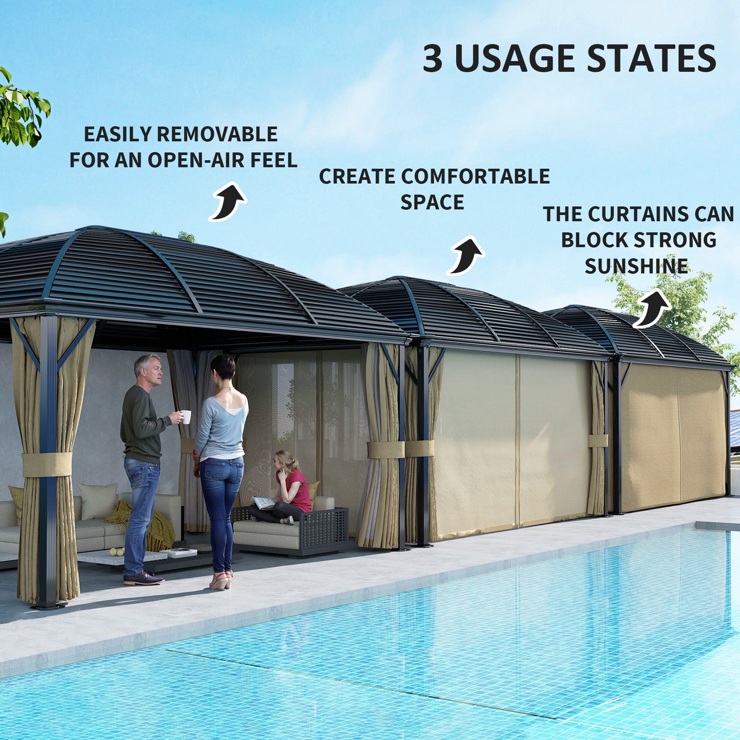 10' x 13' Hardtop Gazebo Canopy with Galvanized Steel Roof, Aluminum Permanent Pavilion Outdoor Gazebo with Top Hook, Netting and Curtains for Garden, Backyard, Brown