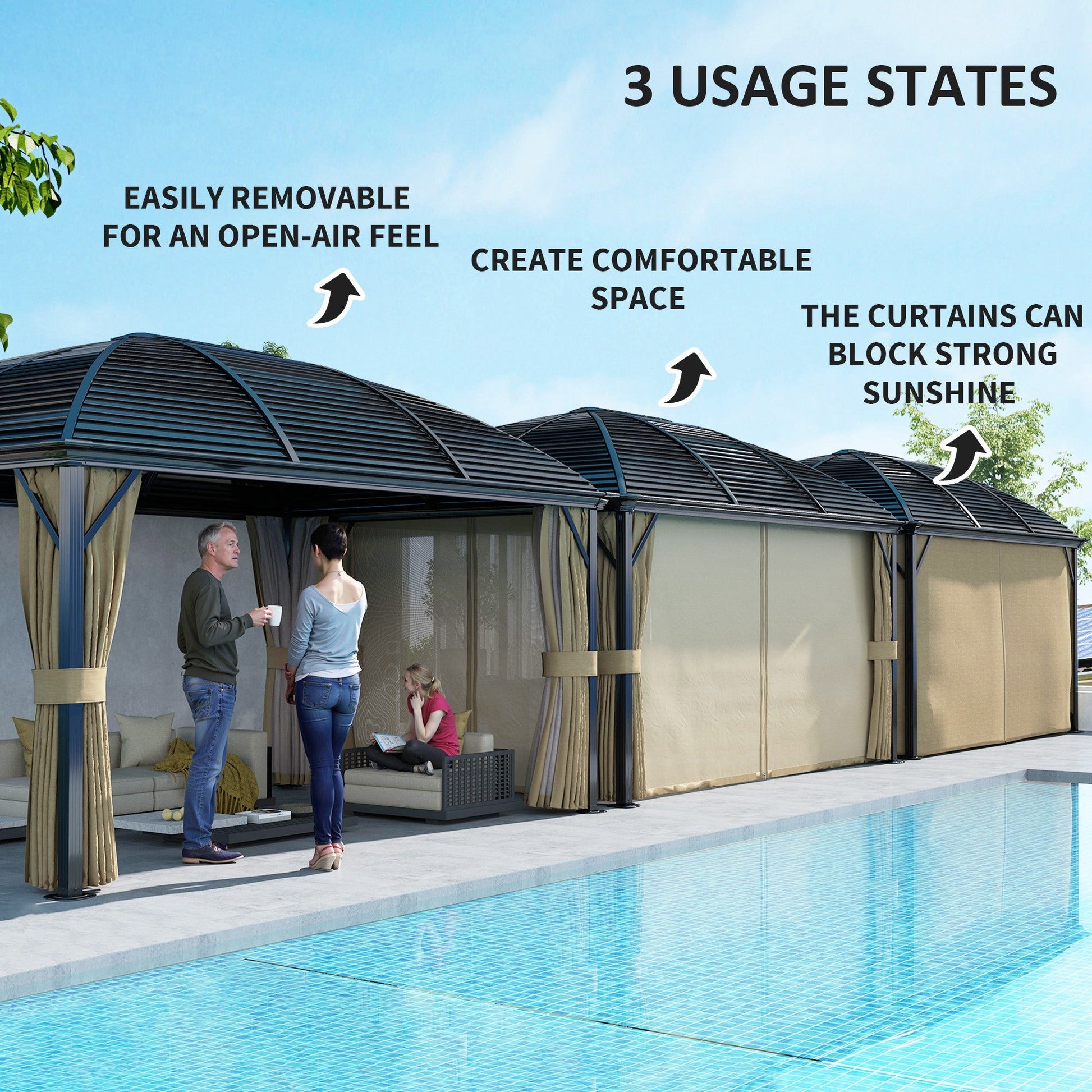 10' x 13' Hardtop Gazebo Canopy with Galvanized Steel Roof, Aluminum Permanent Pavilion Outdoor Gazebo with Top Hook, Netting and Curtains for Garden, Backyard, Brown