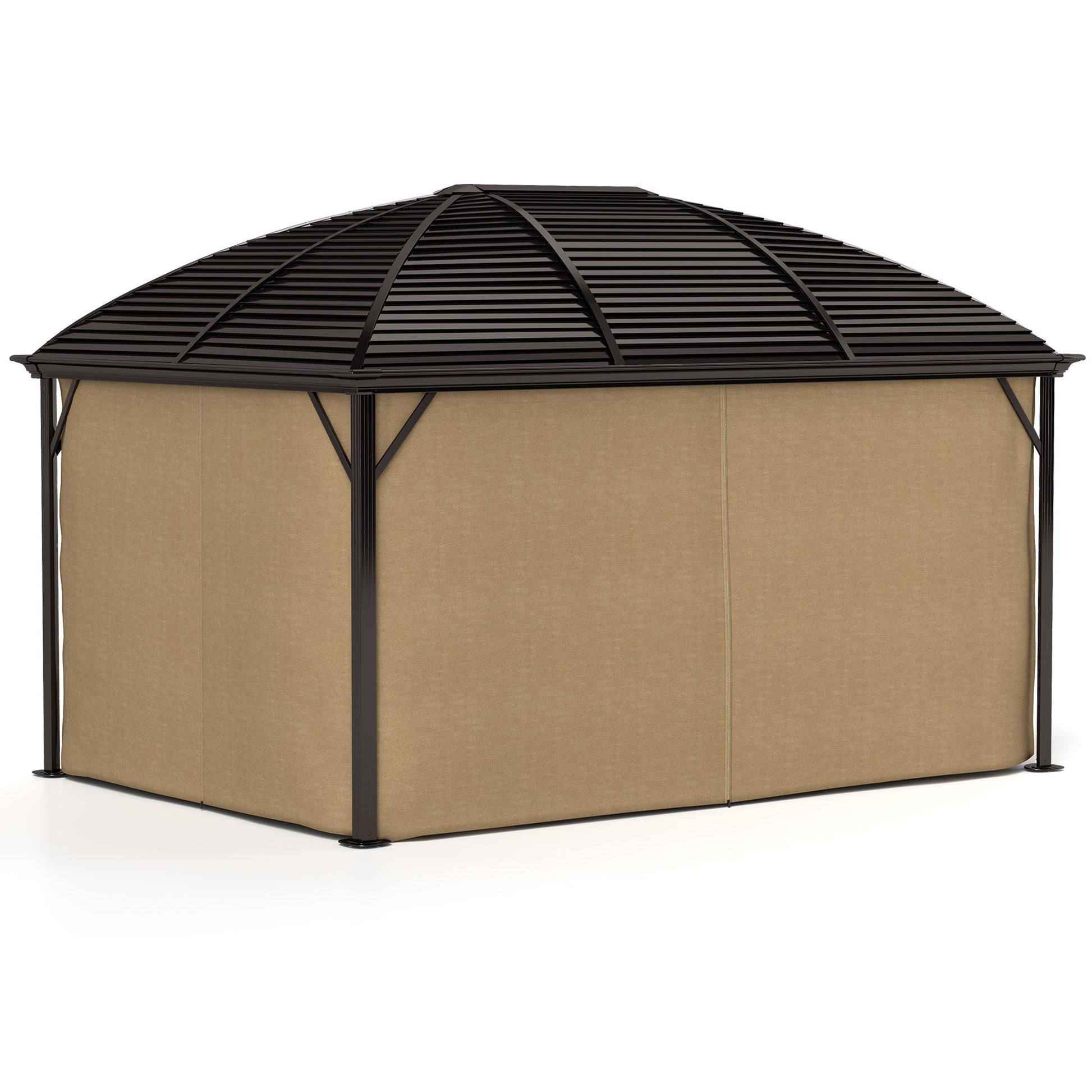 10' x 13' Hardtop Gazebo Canopy with Galvanized Steel Roof, Aluminum Permanent Pavilion Outdoor Gazebo with Top Hook, Netting and Curtains for Garden, Backyard, Brown