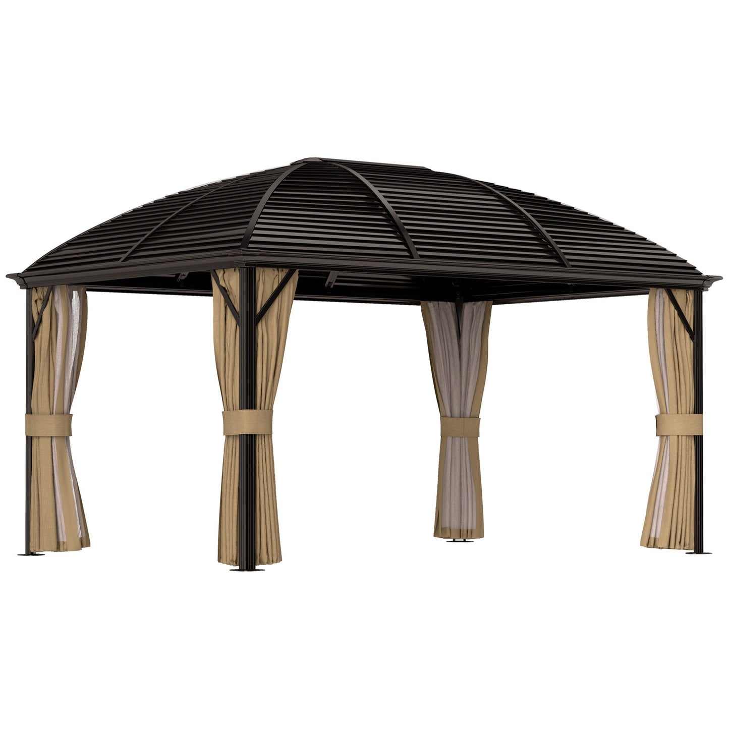 10' x 13' Hardtop Gazebo Canopy with Galvanized Steel Roof, Aluminum Permanent Pavilion Outdoor Gazebo with Top Hook, Netting and Curtains for Garden, Backyard, Brown