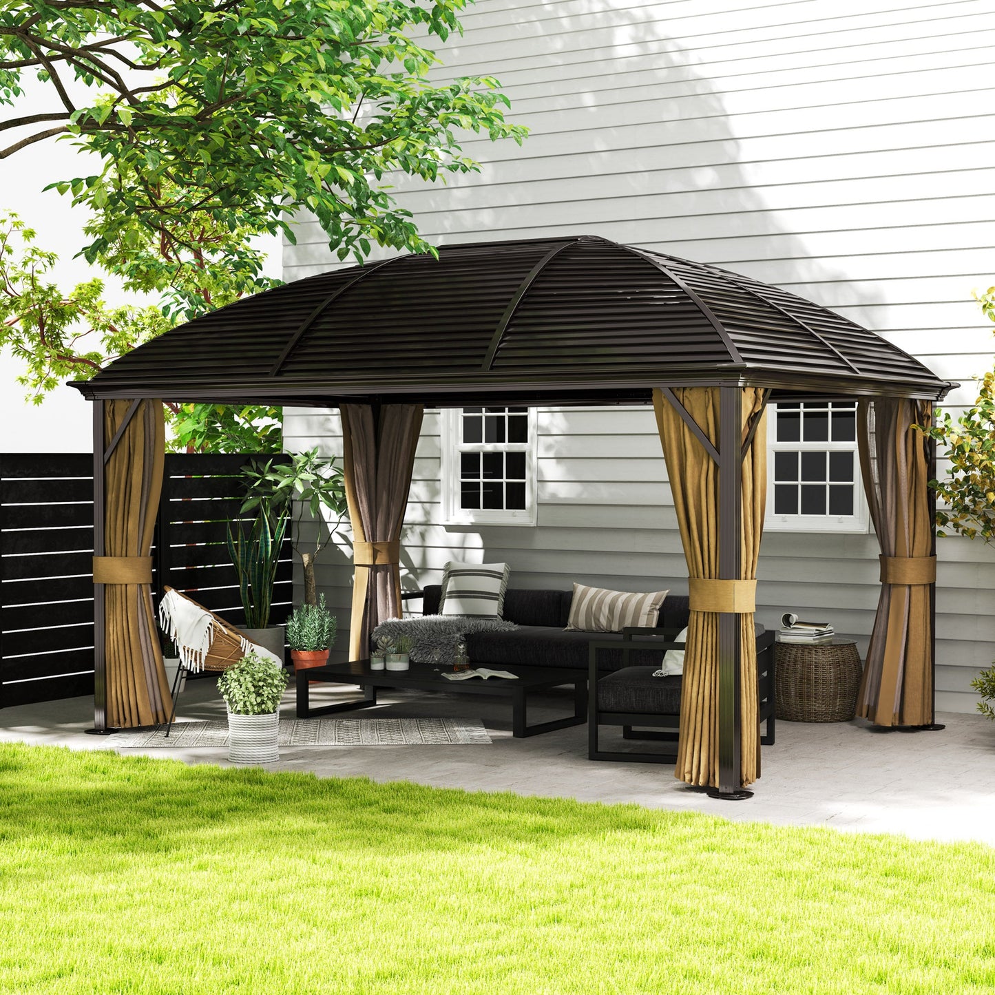 10' x 13' Hardtop Gazebo Canopy with Galvanized Steel Roof, Aluminum Permanent Pavilion Outdoor Gazebo with Top Hook, Netting and Curtains for Garden, Backyard, Brown