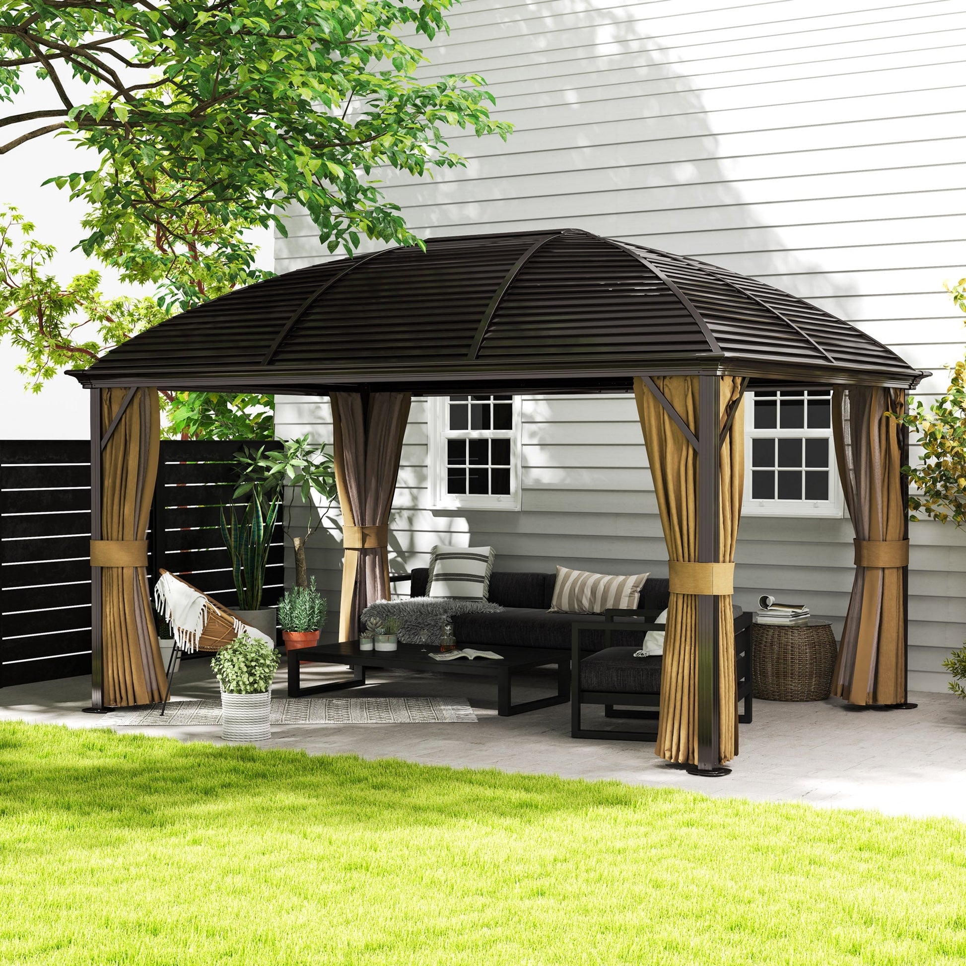 10' x 13' Hardtop Gazebo Canopy with Galvanized Steel Roof, Aluminum Permanent Pavilion Outdoor Gazebo with Top Hook, Netting and Curtains for Garden, Backyard, Brown