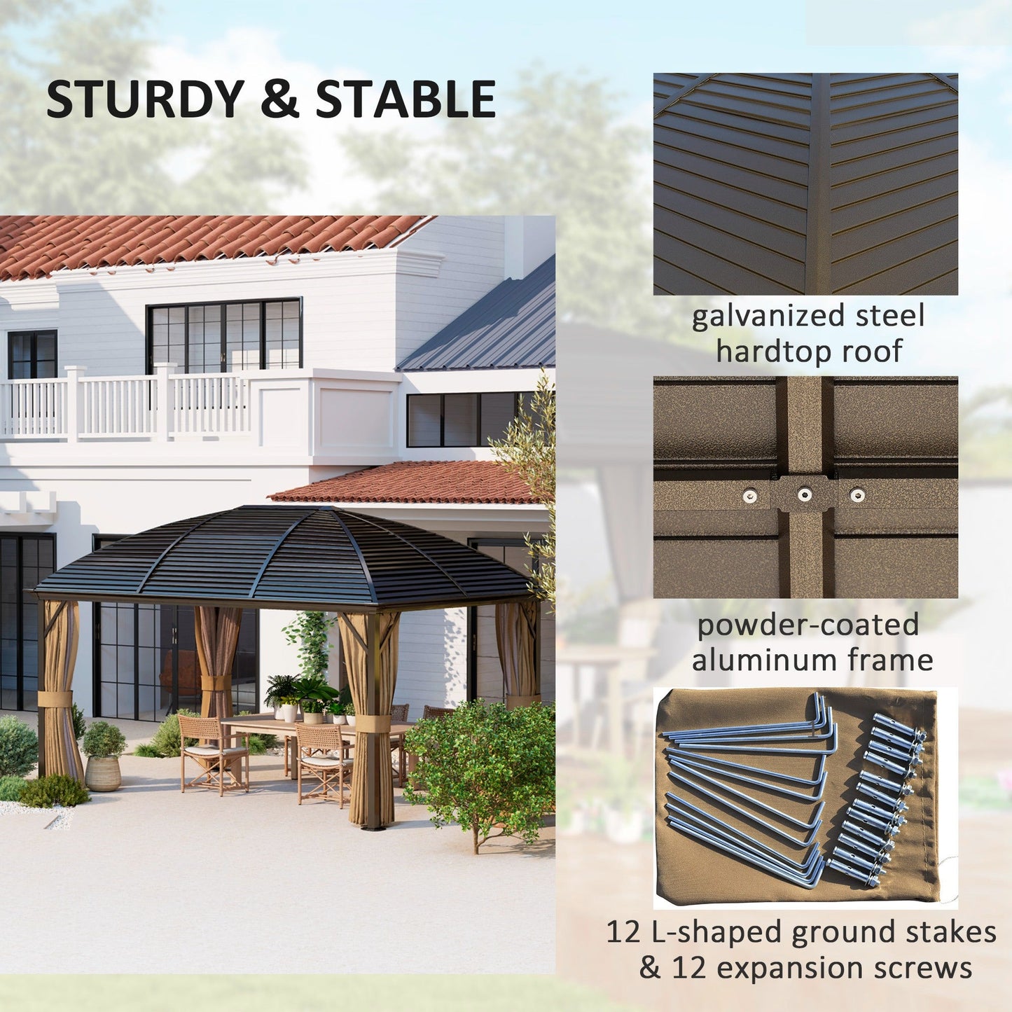 10' x 13' Hardtop Gazebo Canopy with Galvanized Steel Roof, Aluminum Permanent Pavilion Outdoor Gazebo with Top Hook, Netting and Curtains for Garden, Backyard, Brown