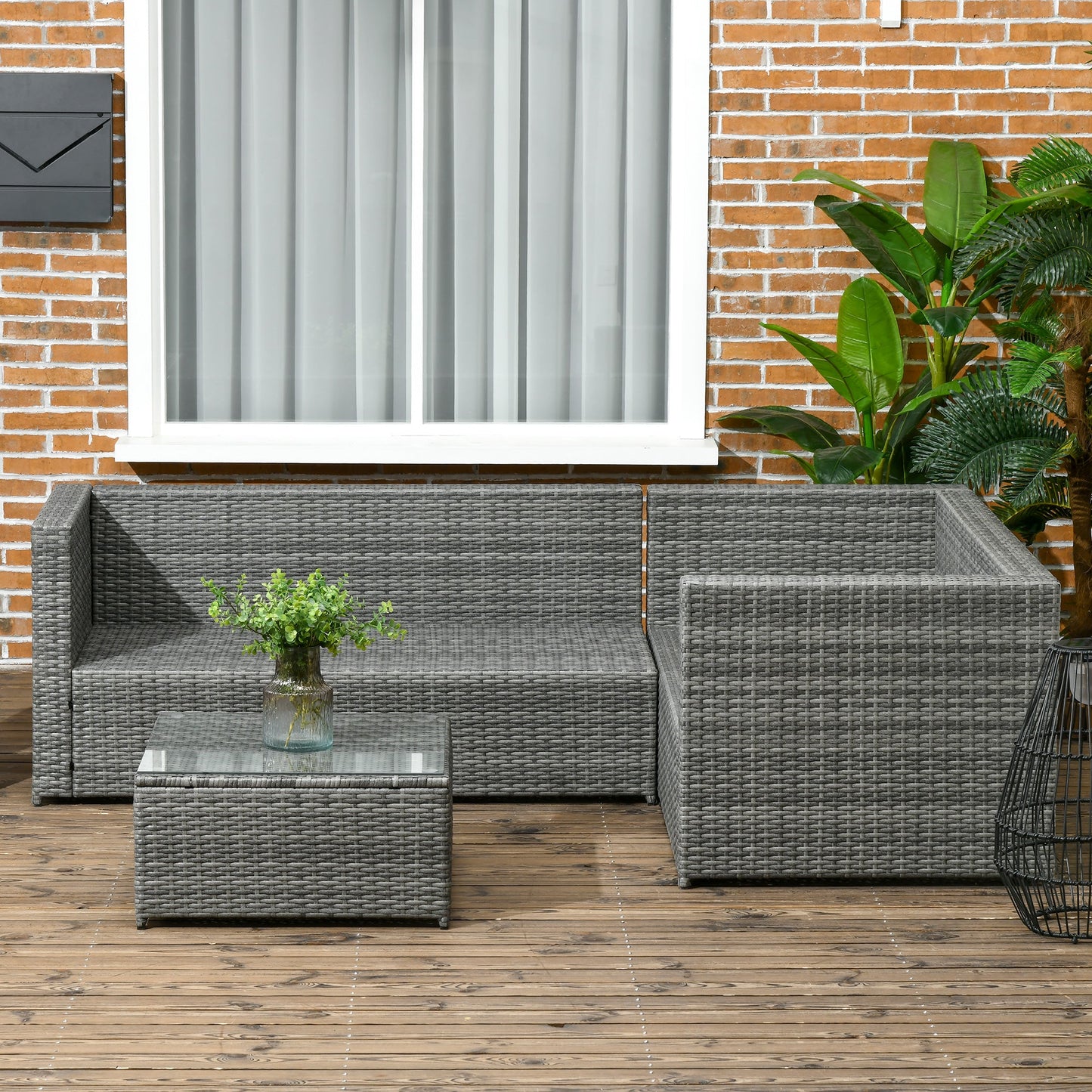 3 Pieces Garden Rattan Furniture Set, 4 Seater Wicker Patio Furniture Outdoor Conversation Set with Loveseats Coffee Table Cushions for Backyard Pool, Grey