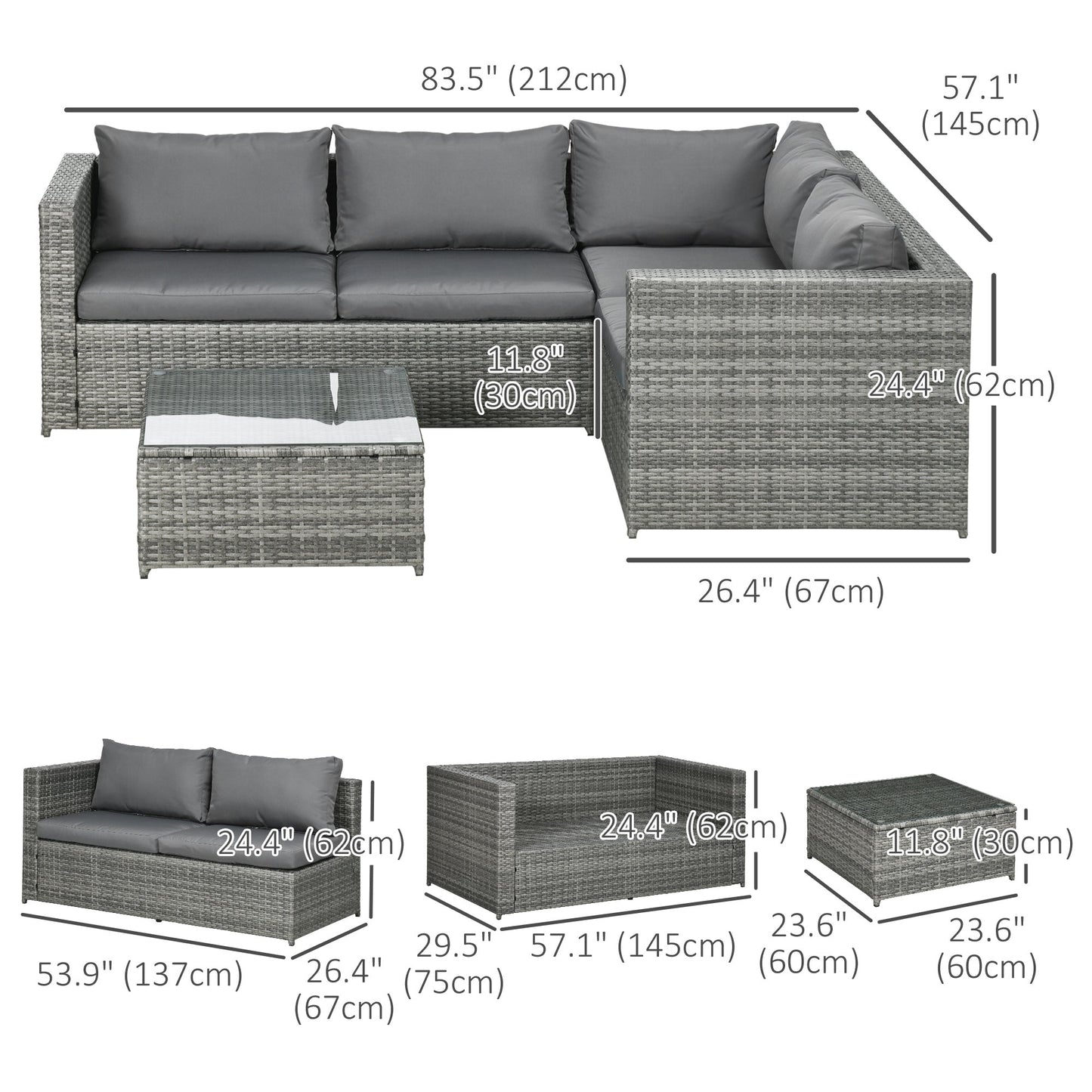 3 Pieces Garden Rattan Furniture Set, 4 Seater Wicker Patio Furniture Outdoor Conversation Set with Loveseats Coffee Table Cushions for Backyard Pool, Grey