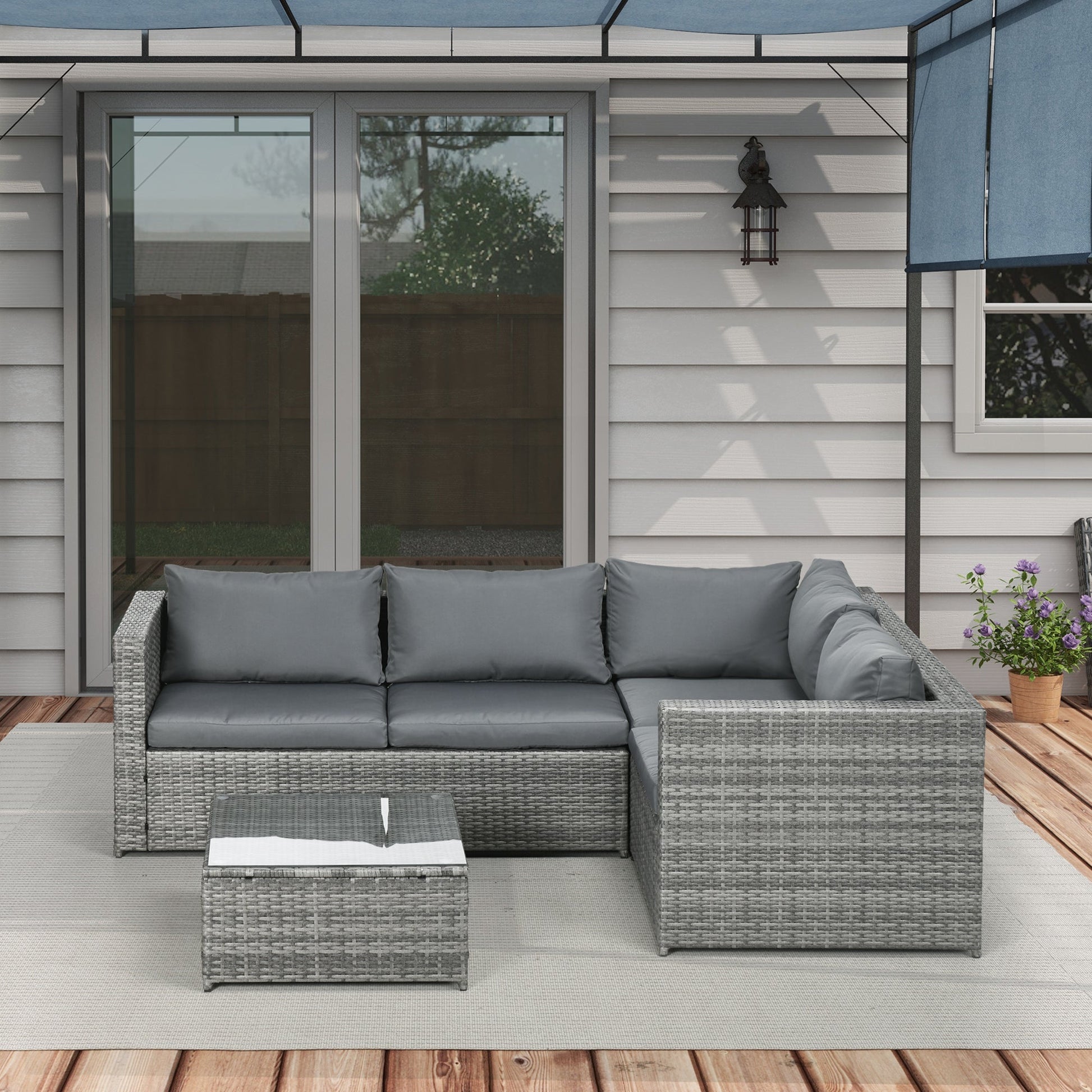 3 Pieces Garden Rattan Furniture Set, 4 Seater Wicker Patio Furniture Outdoor Conversation Set with Loveseats Coffee Table Cushions for Backyard Pool, Grey