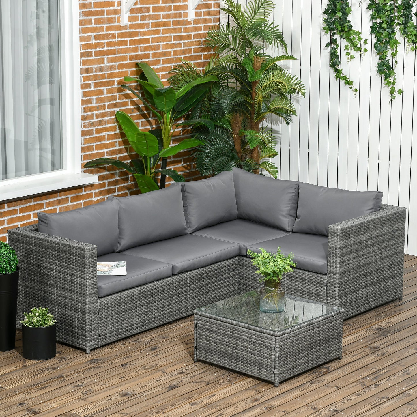 3 Pieces Garden Rattan Furniture Set, 4 Seater Wicker Patio Furniture Outdoor Conversation Set with Loveseats Coffee Table Cushions for Backyard Pool, Grey