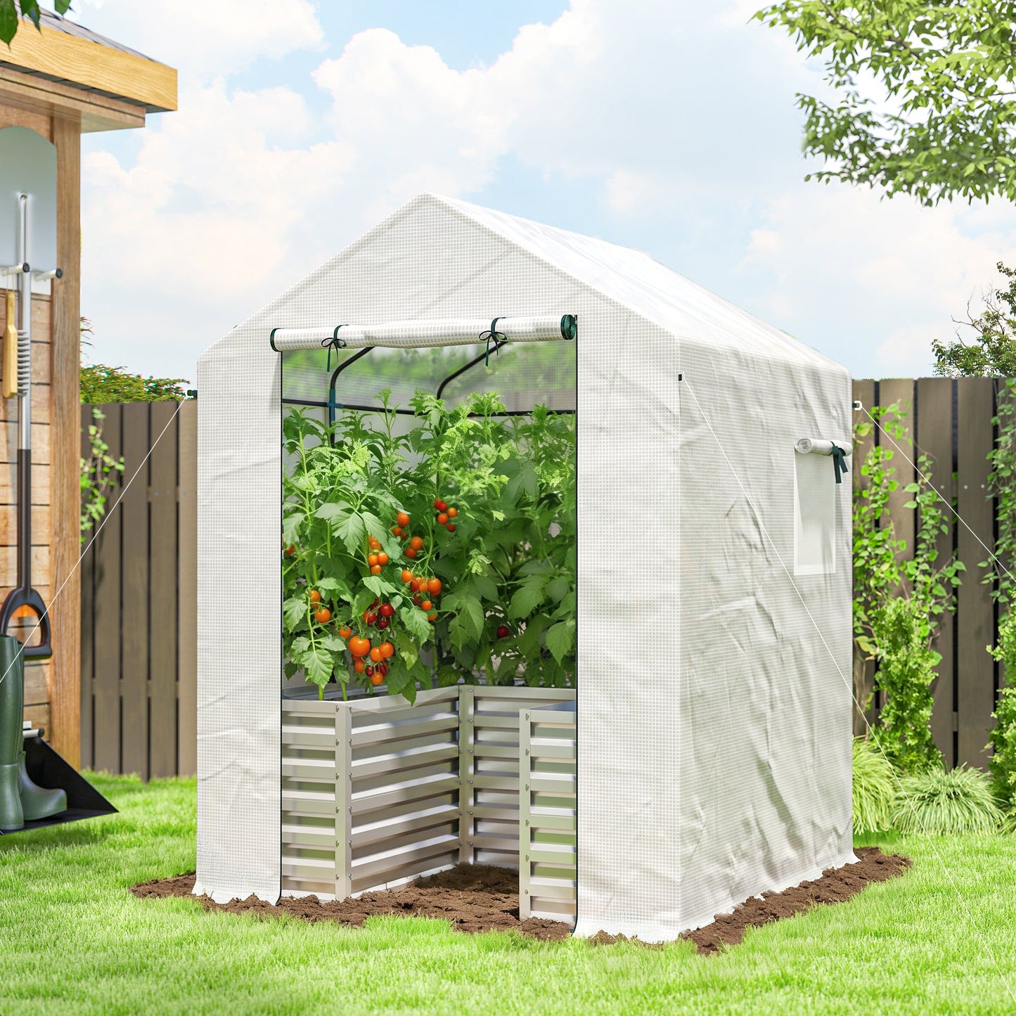 Greenhouse with Raised Garden Bed, 56" x 56" x 75" Galvanized Metal Planter Box with PE Cover, Roll Up Door and Windows, Outdoor Greenhouse for Flowers Vegetables, White