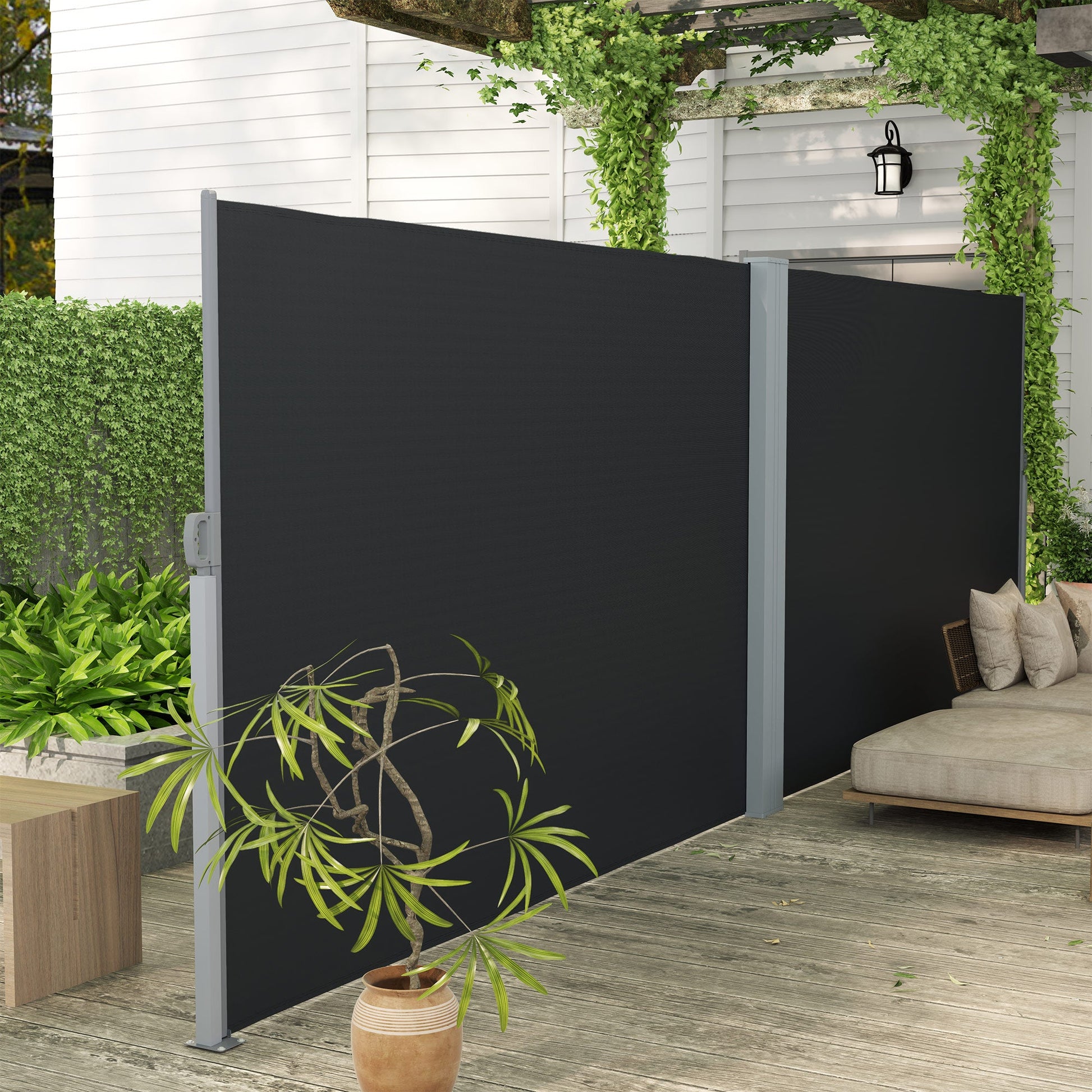 Patio Retractable Double Side Awning, 79"x236" Outdoor Privacy Screen, UV Resistant, Waterproof Room Divider Sun Shade Wind Screen for Garden, Balcony, Black