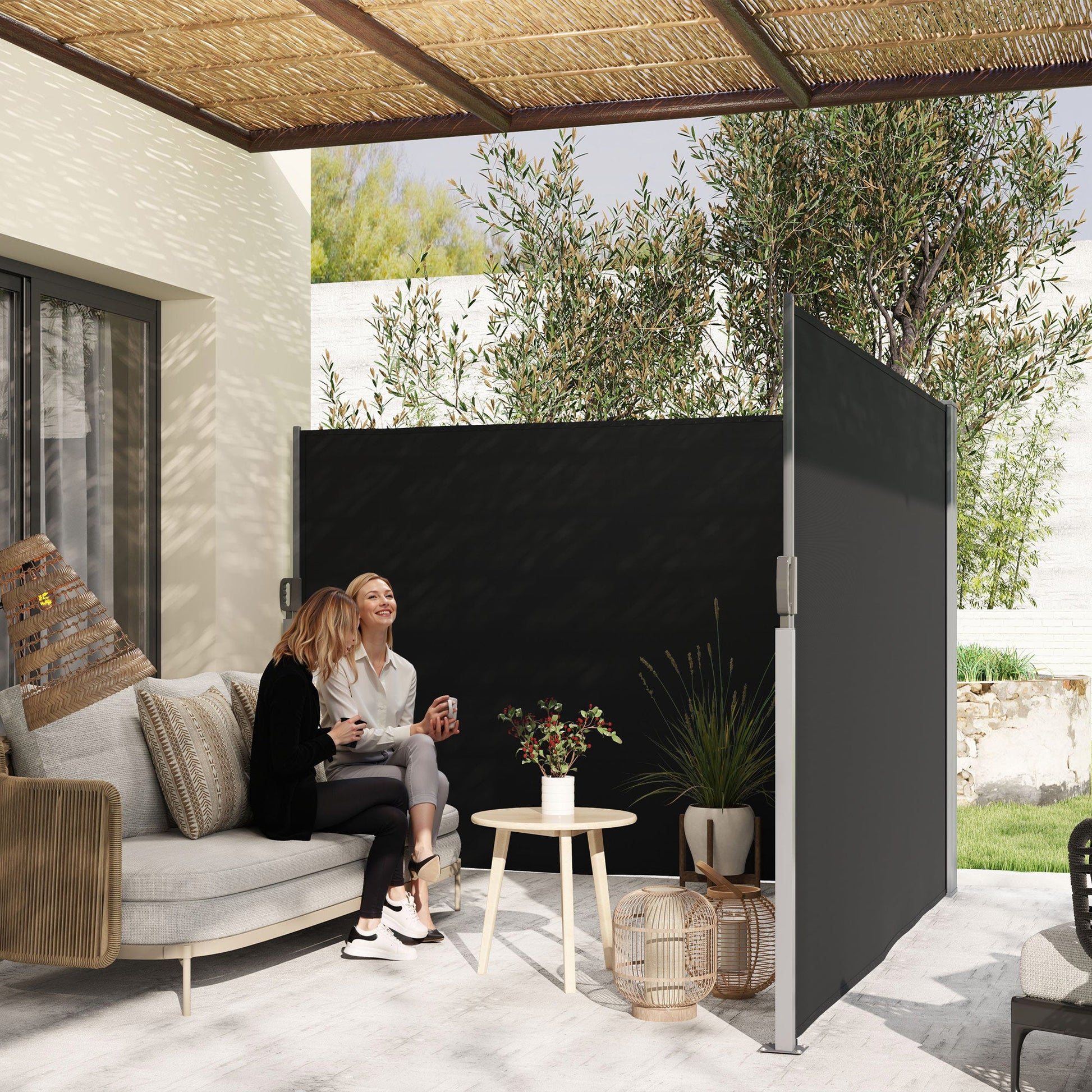 Patio Retractable Double Side Awning, 79"x236" Outdoor Privacy Screen, UV Resistant, Waterproof Room Divider Sun Shade Wind Screen for Garden, Balcony, Black