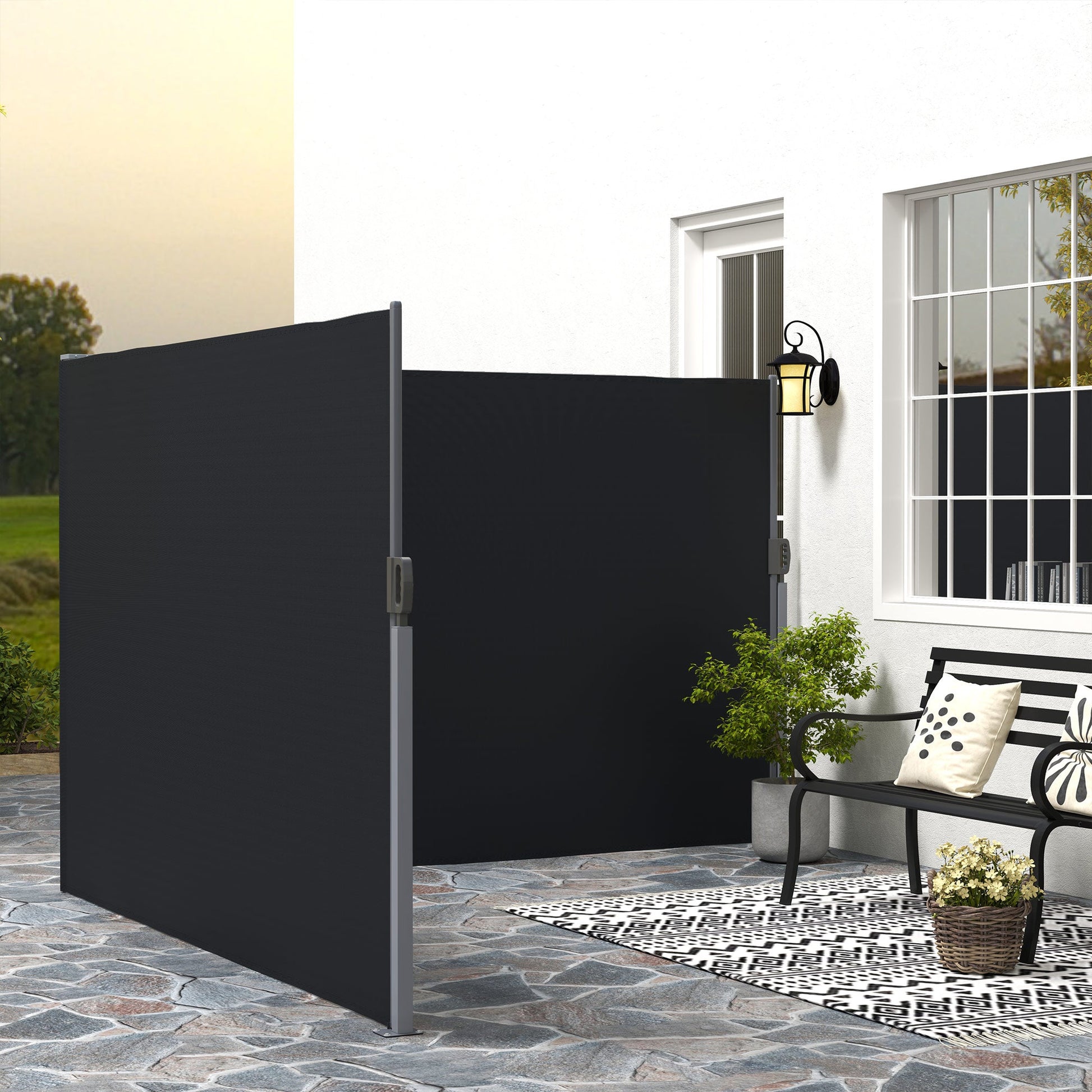 Patio Retractable Double Side Awning, 79"x236" Outdoor Privacy Screen, UV Resistant, Waterproof Room Divider Sun Shade Wind Screen for Garden, Balcony, Black