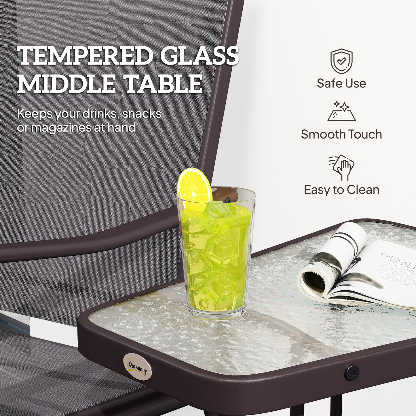 Double Patio Glider Chair with Glass Top Center Table, Outdoor Glider Loveseat with High Back,  All Weather Breathable Mesh Fabric for Garden, Backyard, Deck, Grey