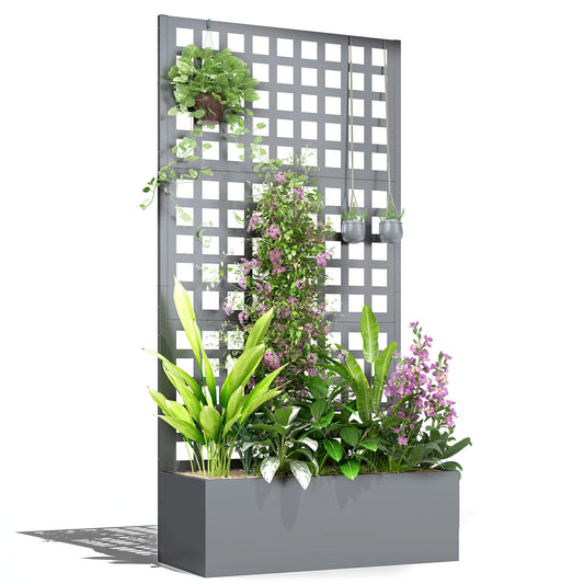 Galvanized Raised Garden Bed with Trellis, 35"x16"x70" Metal Planter Box with Drainage Holes, Outdoor Privacy Screen for Climbing Plant Vegetable Vine, Grey Wood Effect