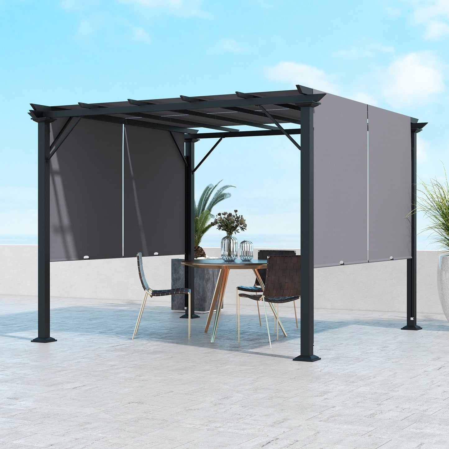 10' x 10' Retractable Pergola Canopy, Outdoor Gazebo with Sun Shade Canopy and Steel Frame, for Backyard, Garden, Patio, Deck, Grey