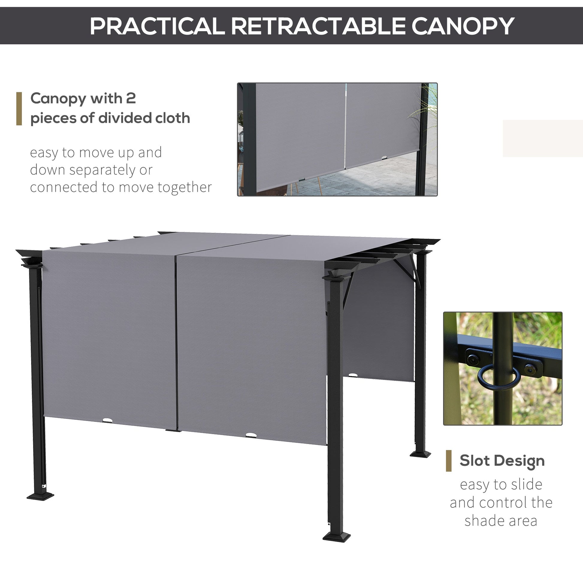 10' x 10' Retractable Pergola Canopy, Outdoor Gazebo with Sun Shade Canopy and Steel Frame, for Backyard, Garden, Patio, Deck, Grey