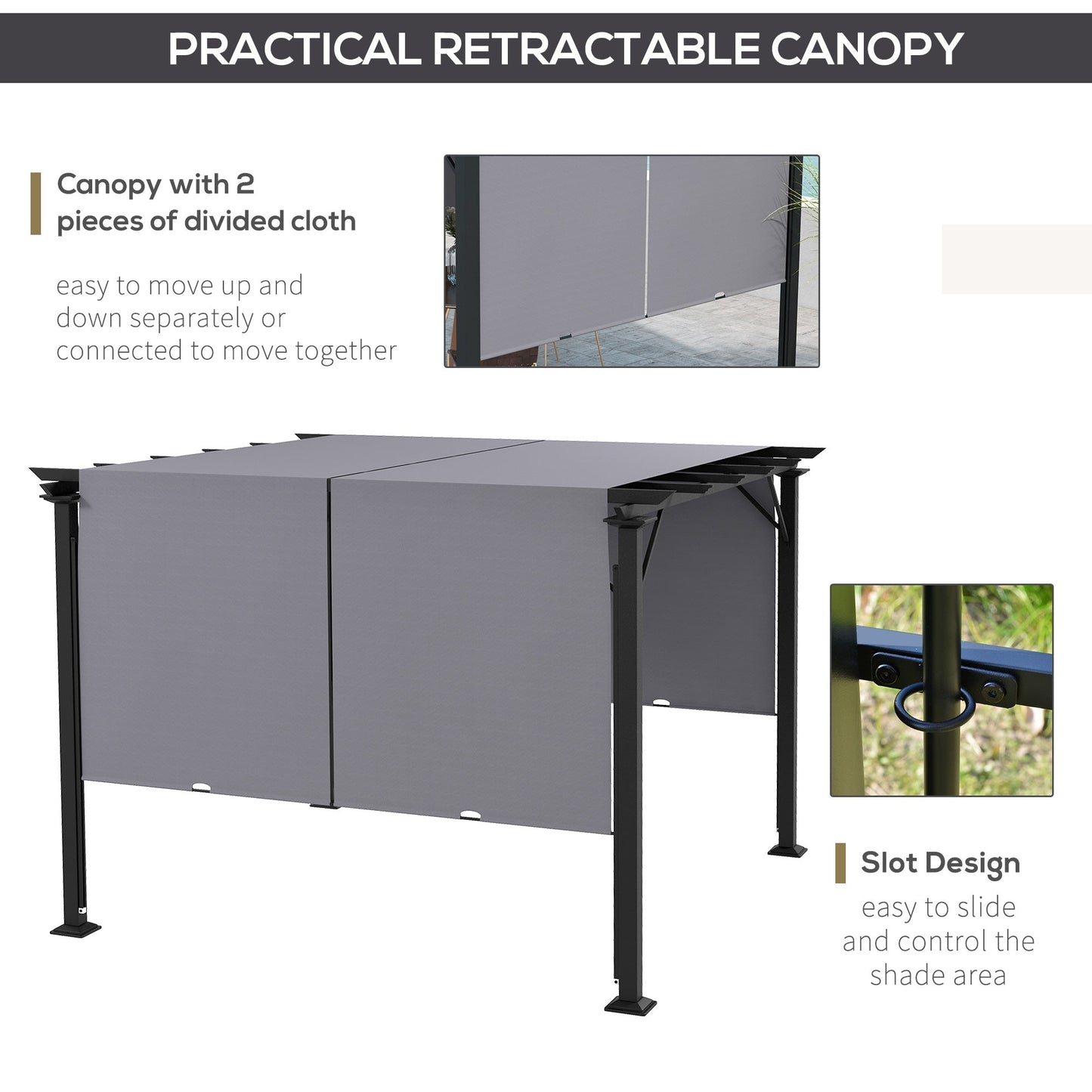10' x 10' Retractable Pergola Canopy, Outdoor Gazebo with Sun Shade Canopy and Steel Frame, for Backyard, Garden, Patio, Deck, Grey