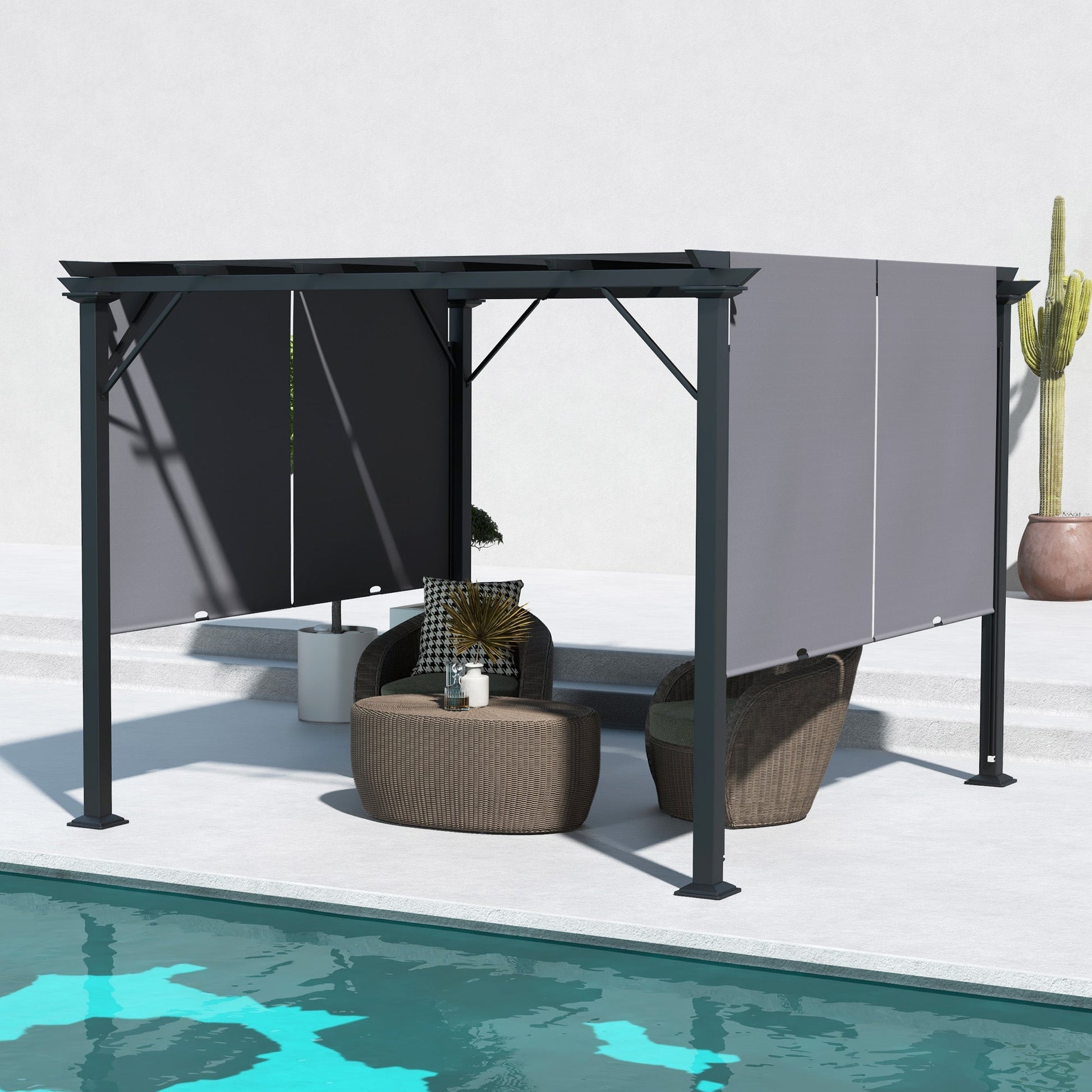 10' x 10' Retractable Pergola Canopy, Outdoor Gazebo with Sun Shade Canopy and Steel Frame, for Backyard, Garden, Patio, Deck, Grey