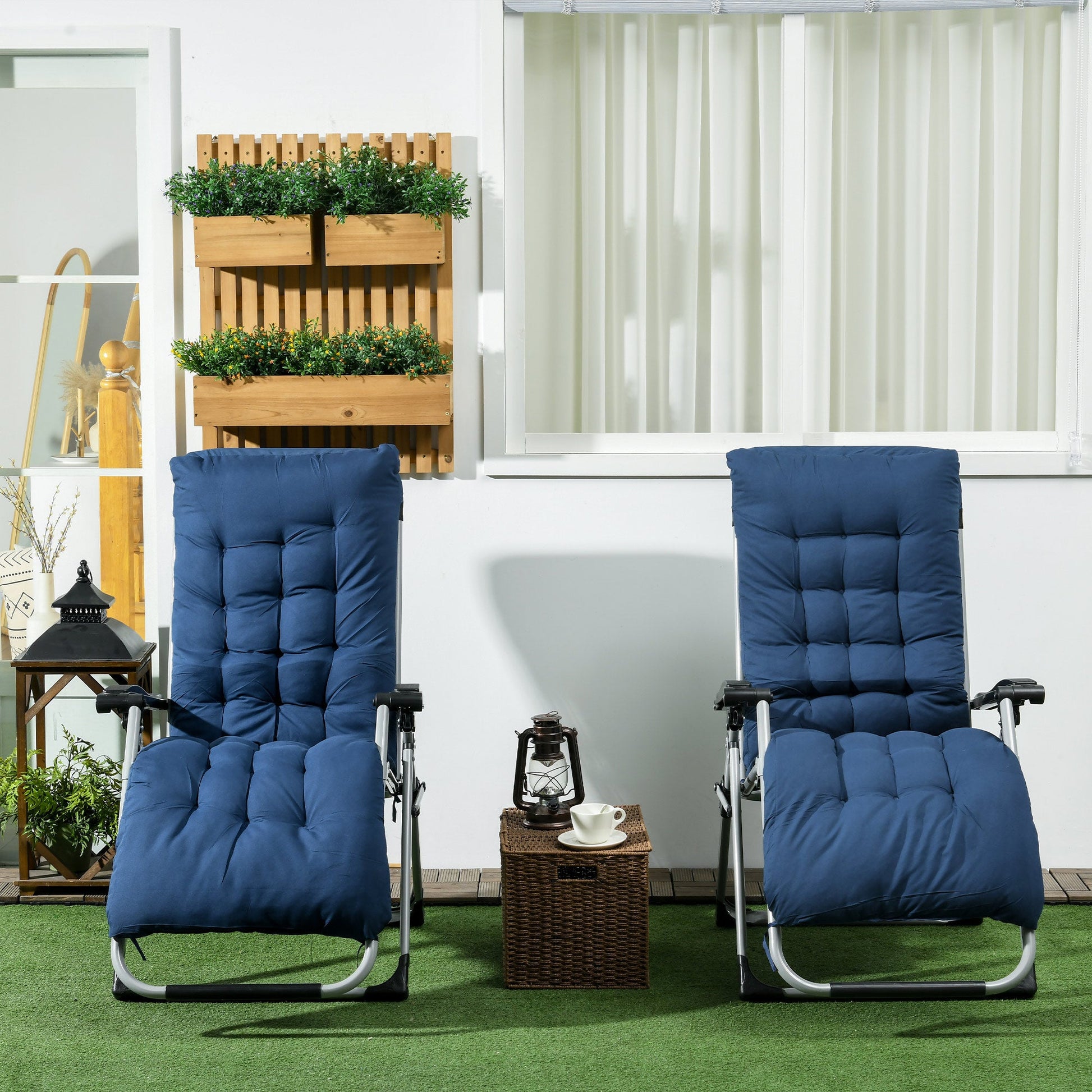 Reclining Zero Gravity Chair with Adjustable Backrest, Folding Garden Sun Lounger with Removable Cushion and Headrest, Set of 2, Dark Blue