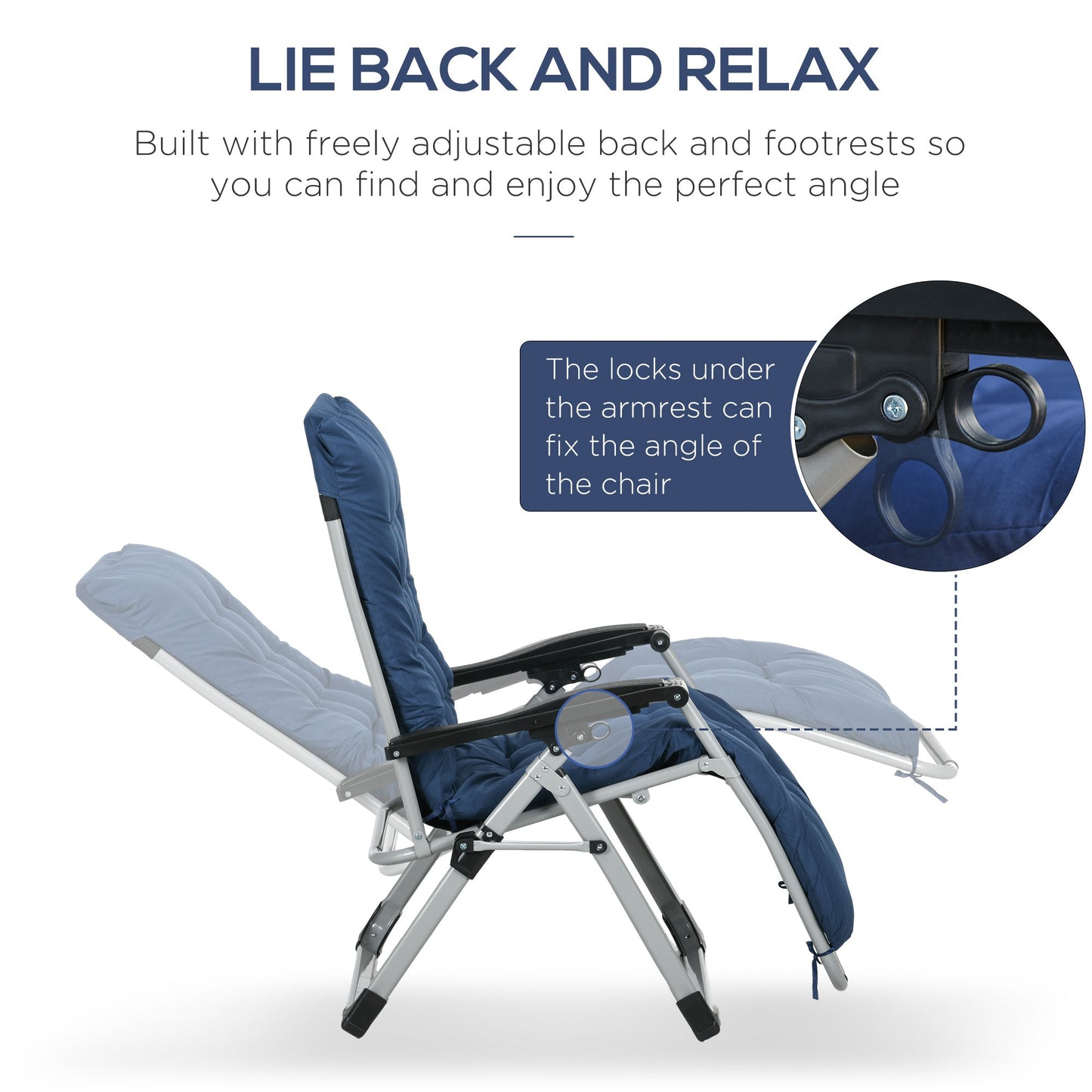 Reclining Zero Gravity Chair with Adjustable Backrest, Folding Garden Sun Lounger with Removable Cushion and Headrest, Set of 2, Dark Blue