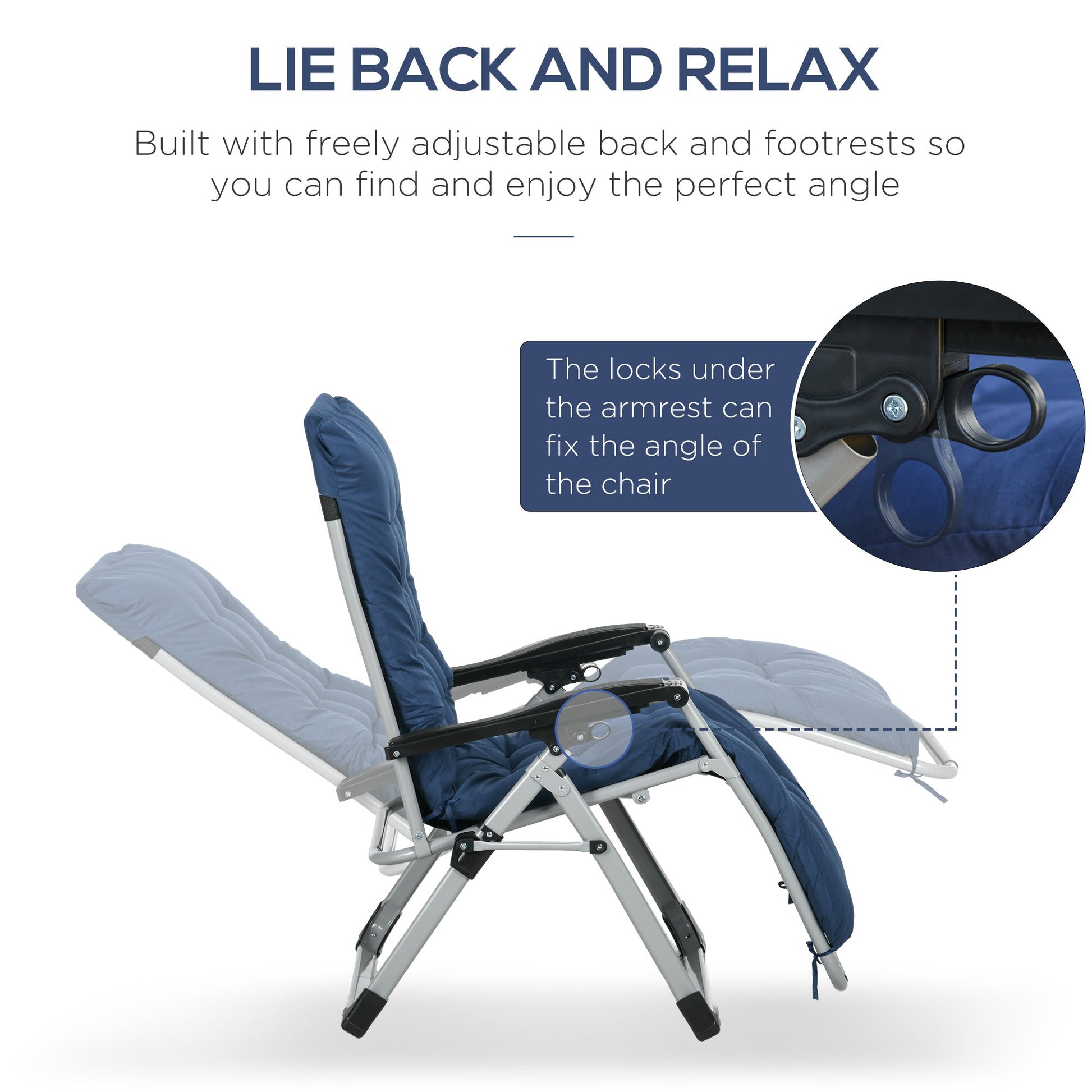Reclining Zero Gravity Chair with Adjustable Backrest, Folding Garden Sun Lounger with Removable Cushion and Headrest, Set of 2, Dark Blue