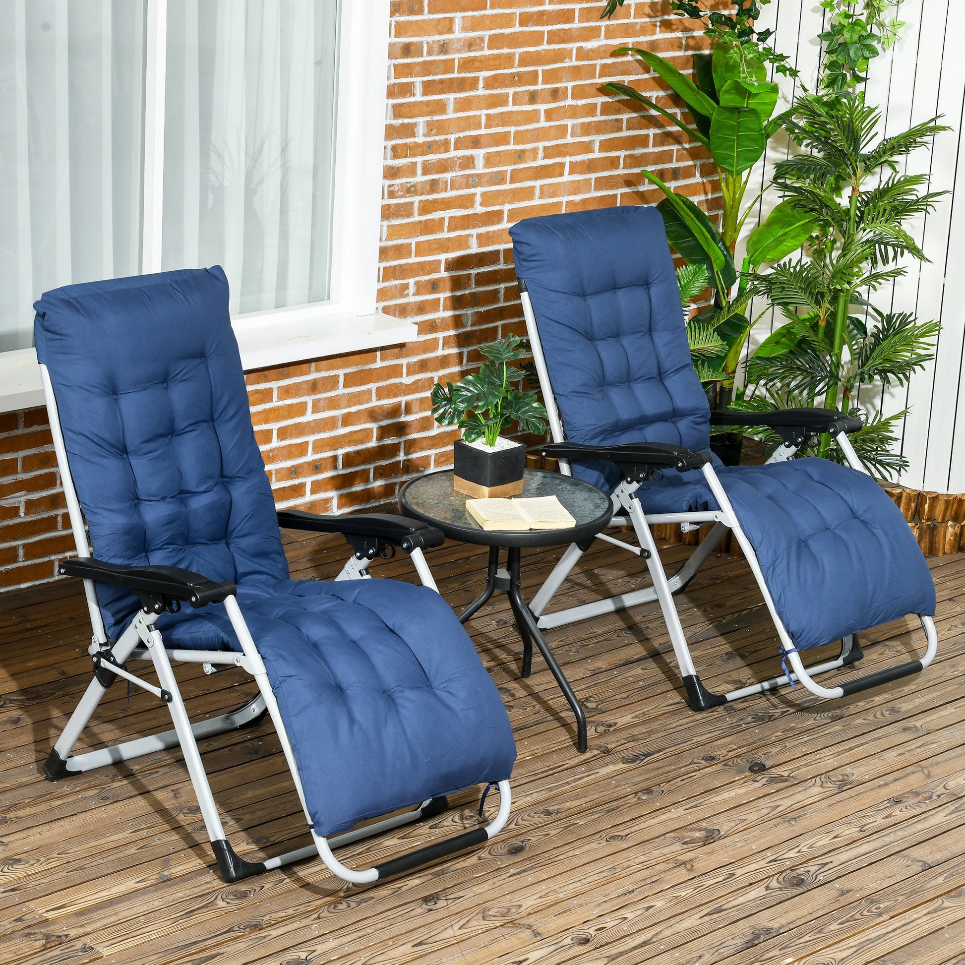 Reclining Zero Gravity Chair with Adjustable Backrest, Folding Garden Sun Lounger with Removable Cushion and Headrest, Set of 2, Dark Blue