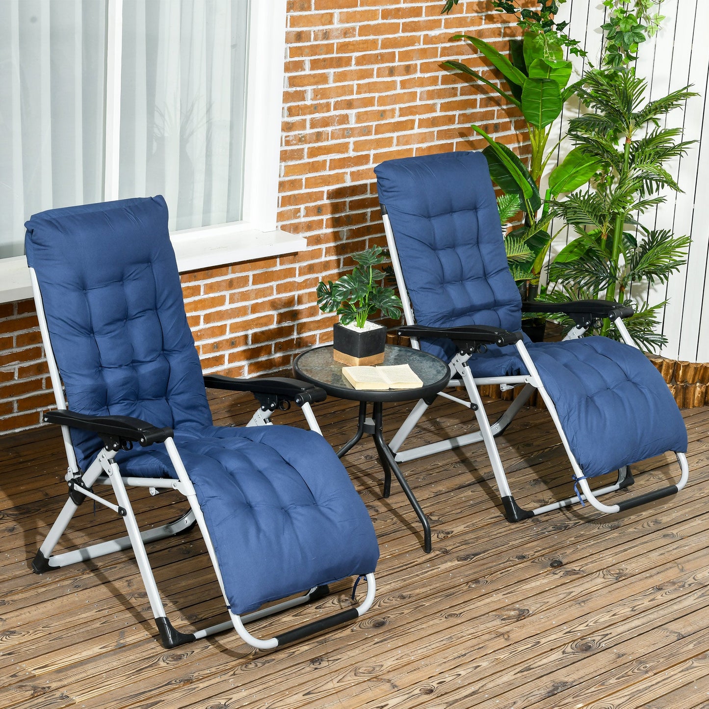 Reclining Zero Gravity Chair with Adjustable Backrest, Folding Garden Sun Lounger with Removable Cushion and Headrest, Set of 2, Dark Blue