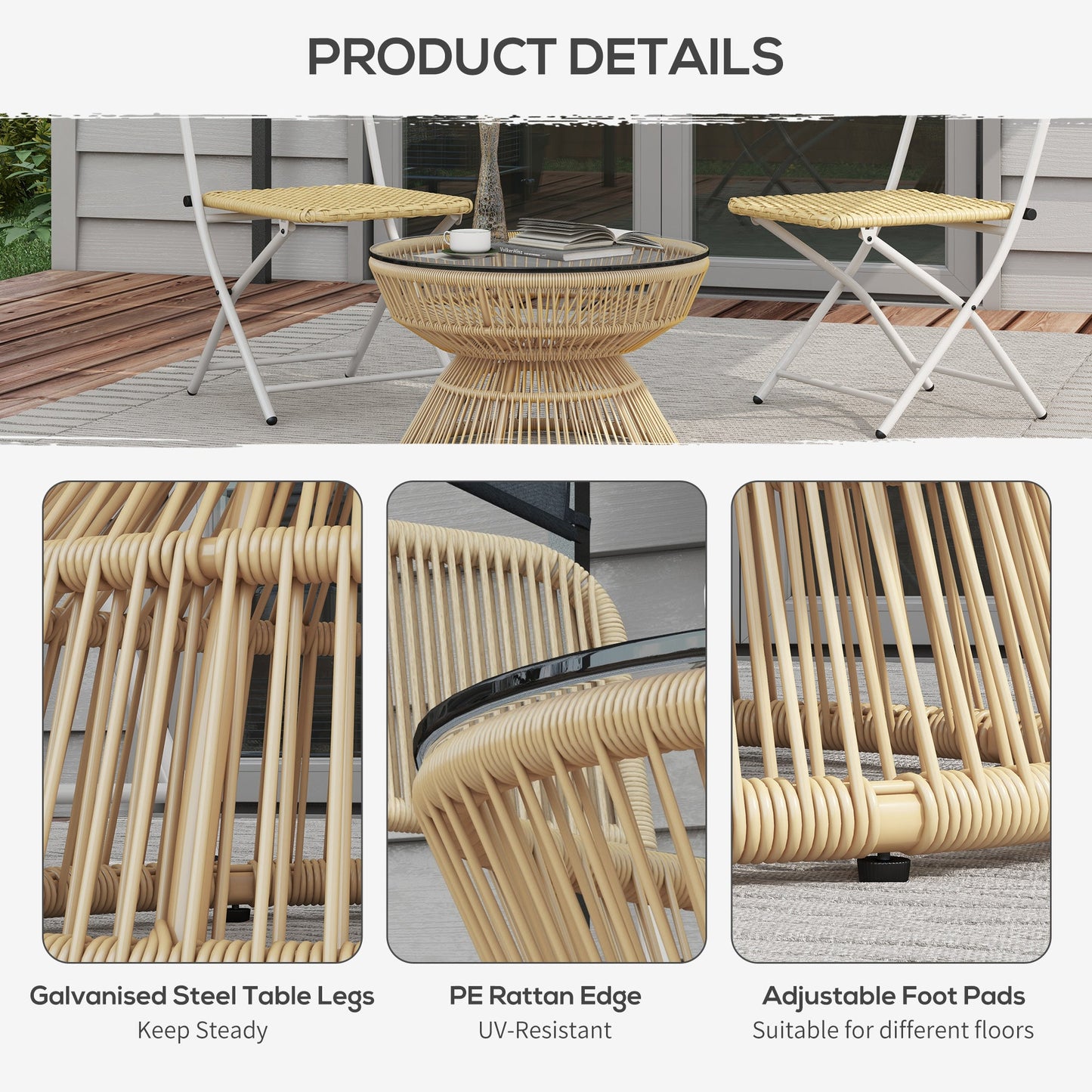 Rattan Outdoor Coffee Table, Patio End Table with Tempered Glass Tabletop & Steel Frame, Round Side Table Wicker Furniture for Backyard Lawn Balcony, Nature Wood