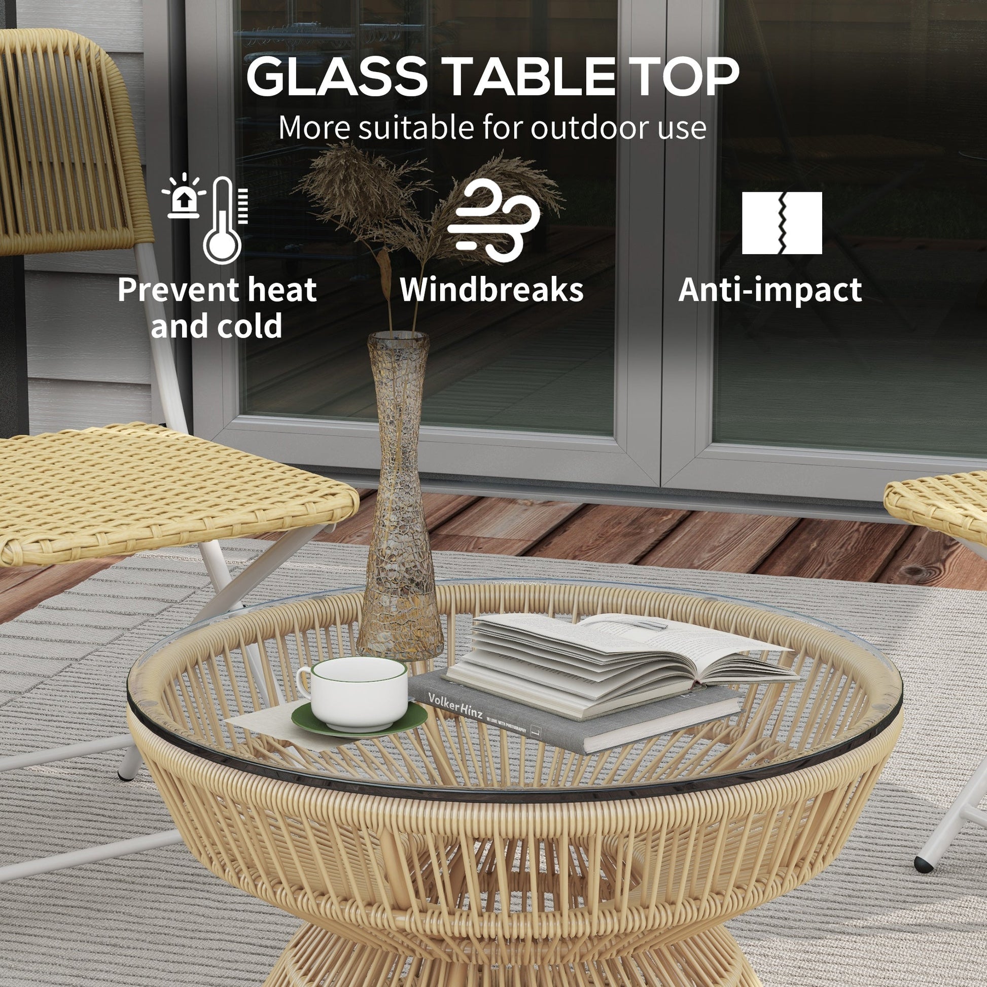Rattan Outdoor Coffee Table, Patio End Table with Tempered Glass Tabletop & Steel Frame, Round Side Table Wicker Furniture for Backyard Lawn Balcony, Nature Wood