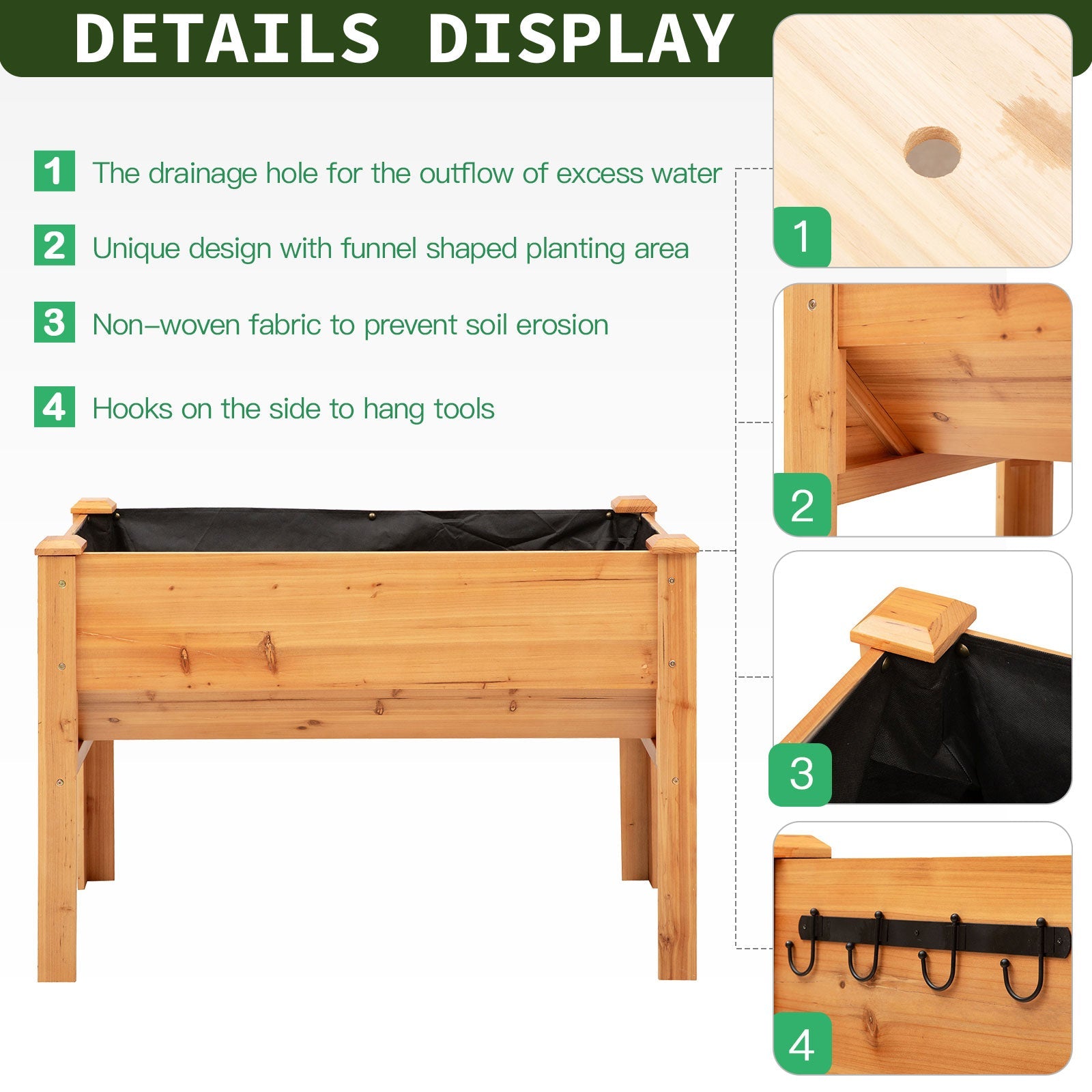 Raised Garden Bed with Hooks, 660lb Capacity Wood Elevated Planter Box with Water Draining and Liner, Funnel Design for Vegetable, Herbs, Flower, 48" x 24" x 32", Natural