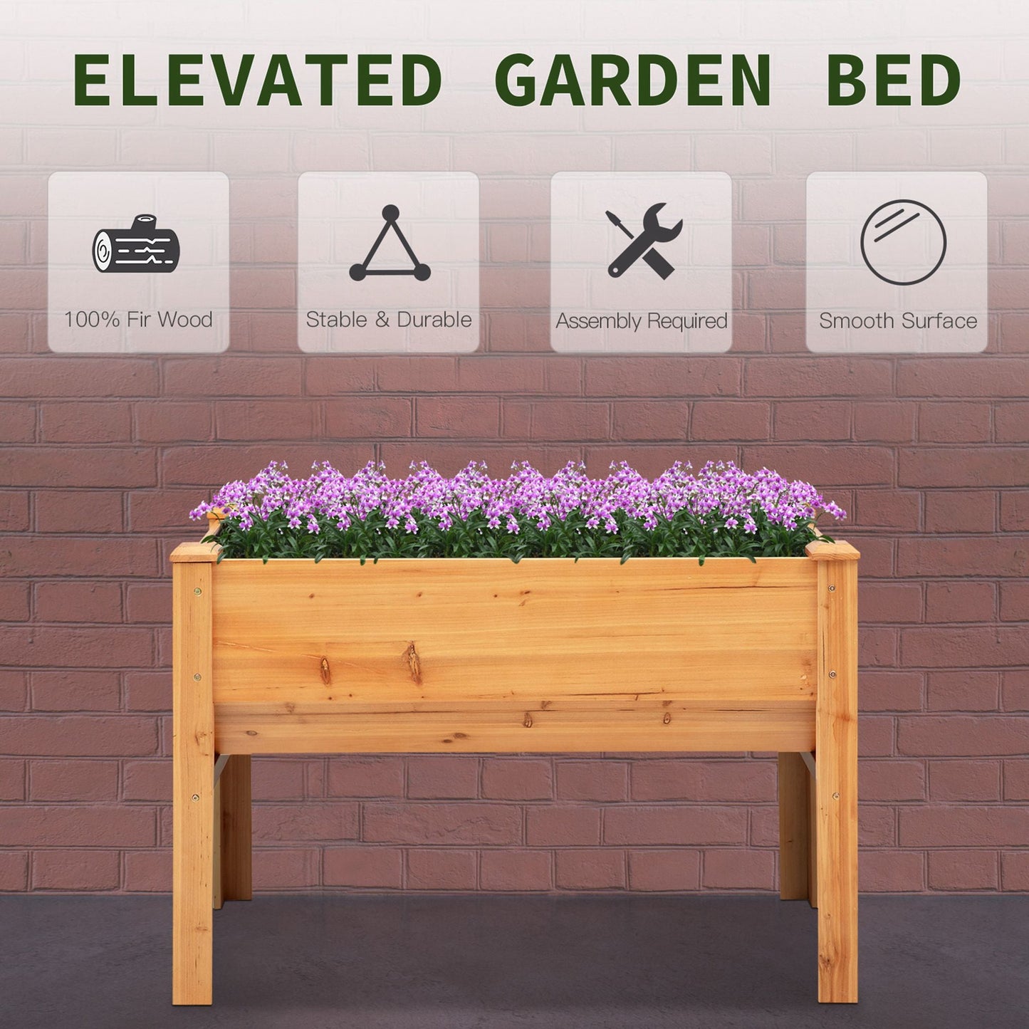 Raised Garden Bed with Hooks, 660lb Capacity Wood Elevated Planter Box with Water Draining and Liner, Funnel Design for Vegetable, Herbs, Flower, 48" x 24" x 32", Natural