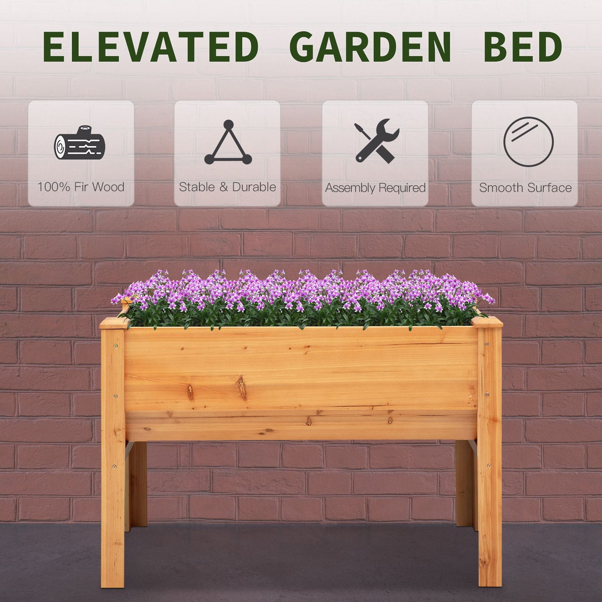Raised Garden Bed with Hooks, 660lb Capacity Wood Elevated Planter Box with Water Draining and Liner, Funnel Design for Vegetable, Herbs, Flower, 48" x 24" x 32", Natural
