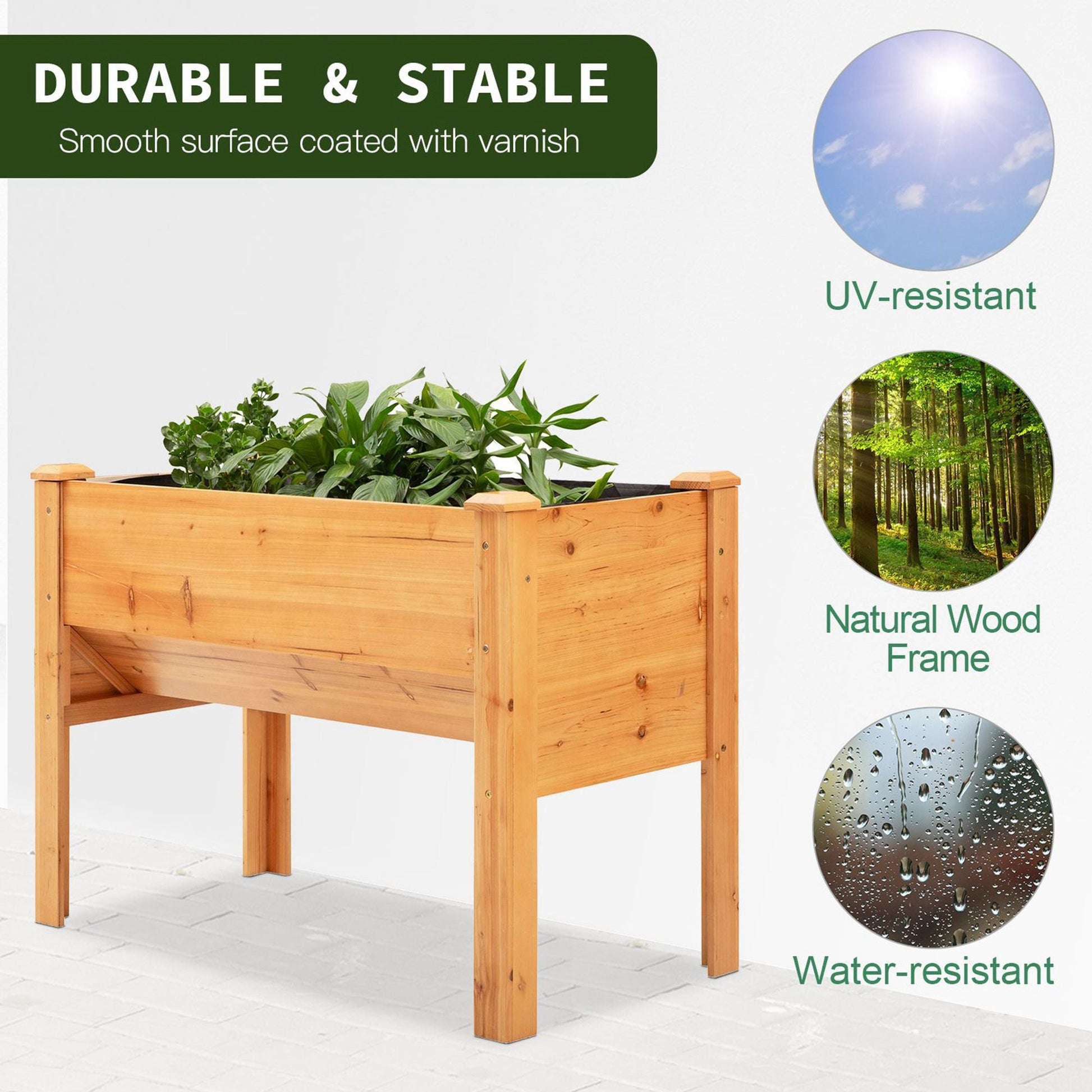 Raised Garden Bed with Hooks, 660lb Capacity Wood Elevated Planter Box with Water Draining and Liner, Funnel Design for Vegetable, Herbs, Flower, 48" x 24" x 32", Natural