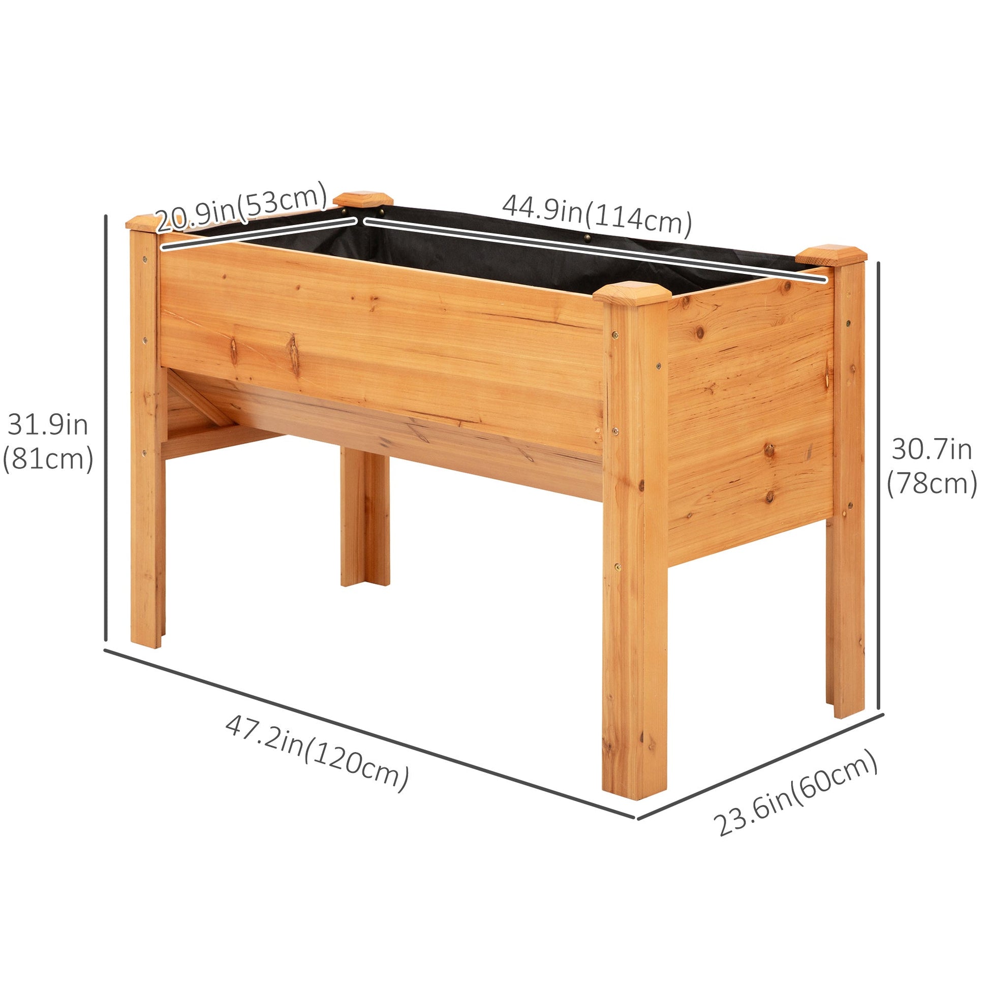 Raised Garden Bed with Hooks, 660lb Capacity Wood Elevated Planter Box with Water Draining and Liner, Funnel Design for Vegetable, Herbs, Flower, 48" x 24" x 32", Natural