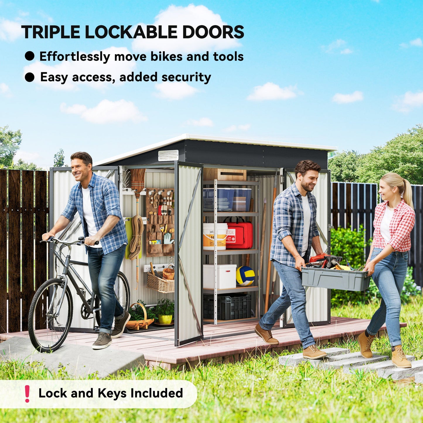 7.5' x 4.3' Outdoor Storage Shed, Waterproof Metal Garden Shed with Gloves, Lockable Doors, Vents and Pitched Roof for Backyard, Patio, Lawn, Poolside, Dark Grey