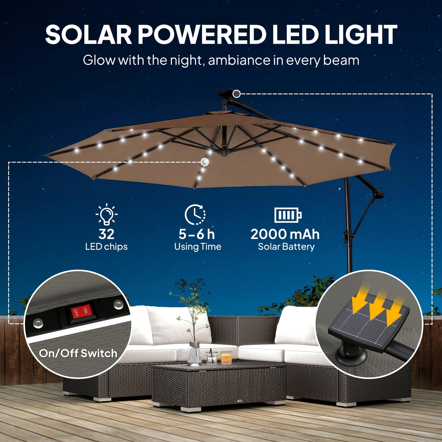 9.7 ft Cantilever Patio Umbrella with Solar LED Light, Cover, Round Offset Hanging Outdoor Umbrella Parasol with Tilt and Crank Handle, Khaki