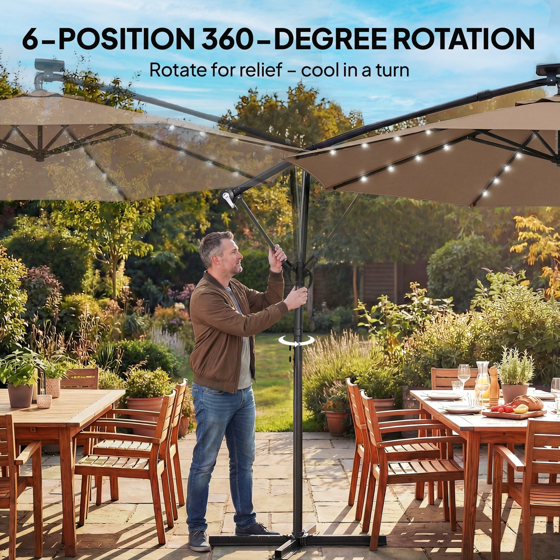 9.7 ft Cantilever Patio Umbrella with Solar LED Light, Cover, Round Offset Hanging Outdoor Umbrella Parasol with Tilt and Crank Handle, Khaki