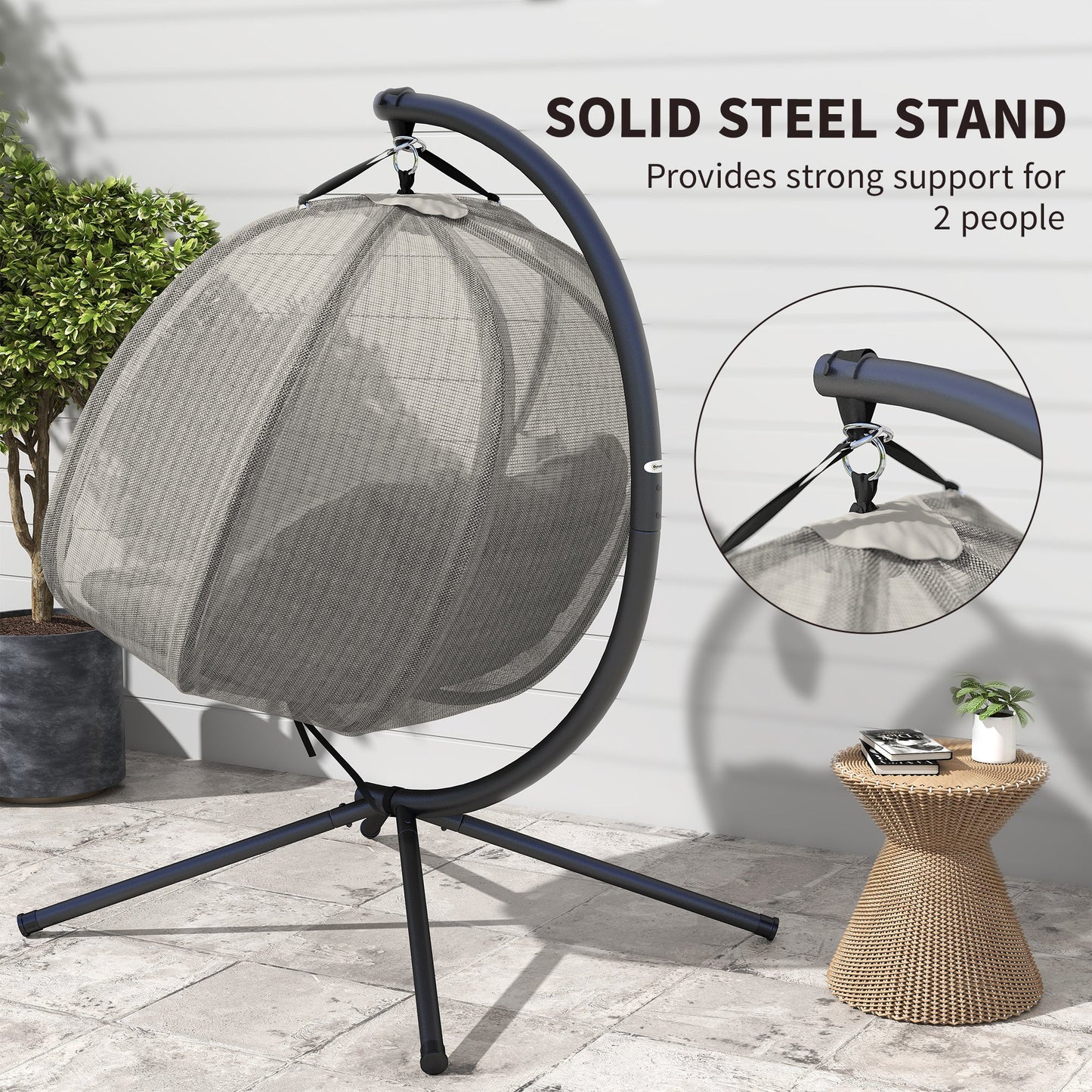 Double Egg Chair with Stand, 2 Person Hanging Swing Egg Chair Outdoor Indoor, 528 LBS Capacity Loveseat Hammock Swing with Cushion, Pockets, Khaki