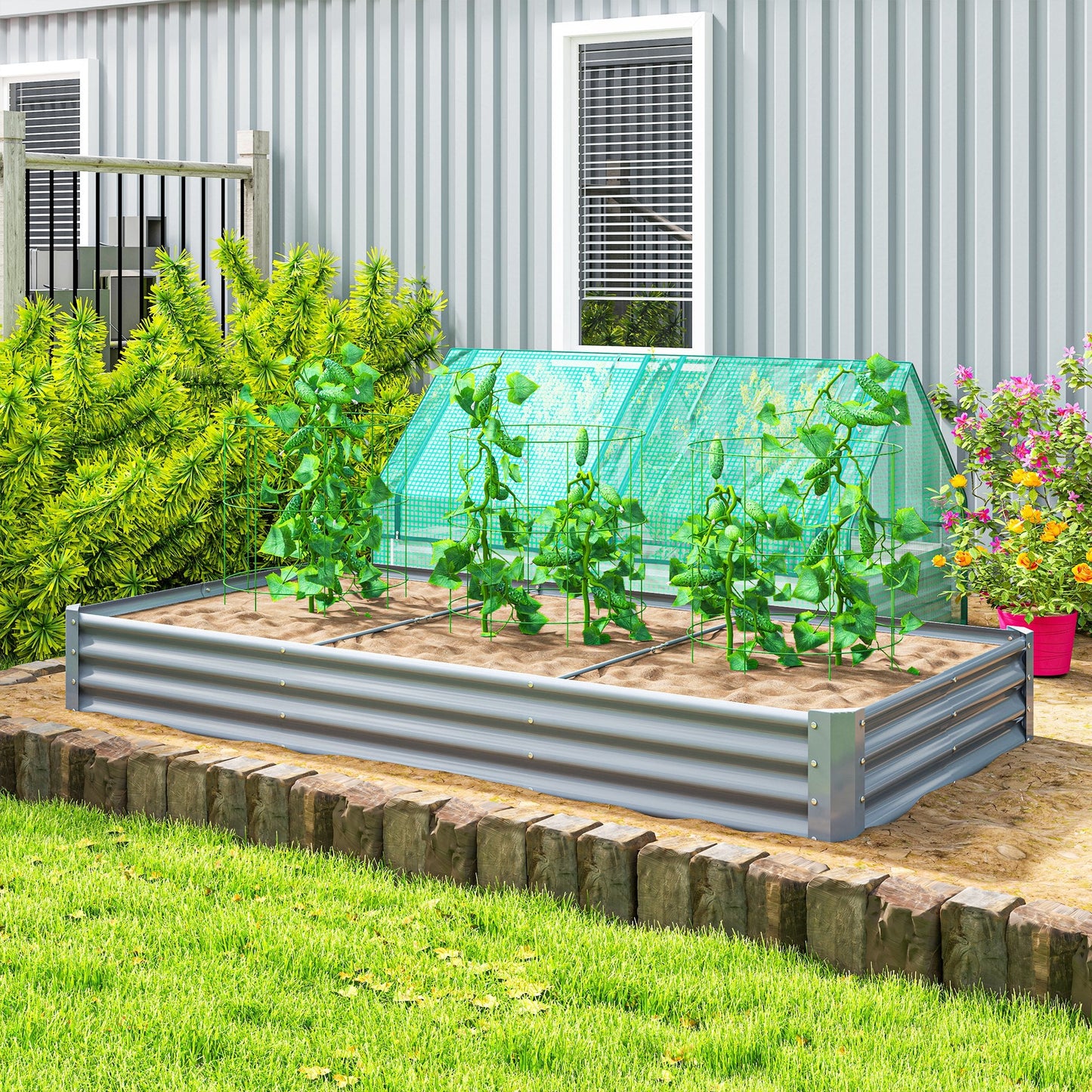 Galvanized Raised Garden Bed, 8 x 4 x 1 FT Rectangular Planter Box, Reinforced Outdoor Raised Bed with Open Bottom for Vegetables, Flowers, Herbs, Silver