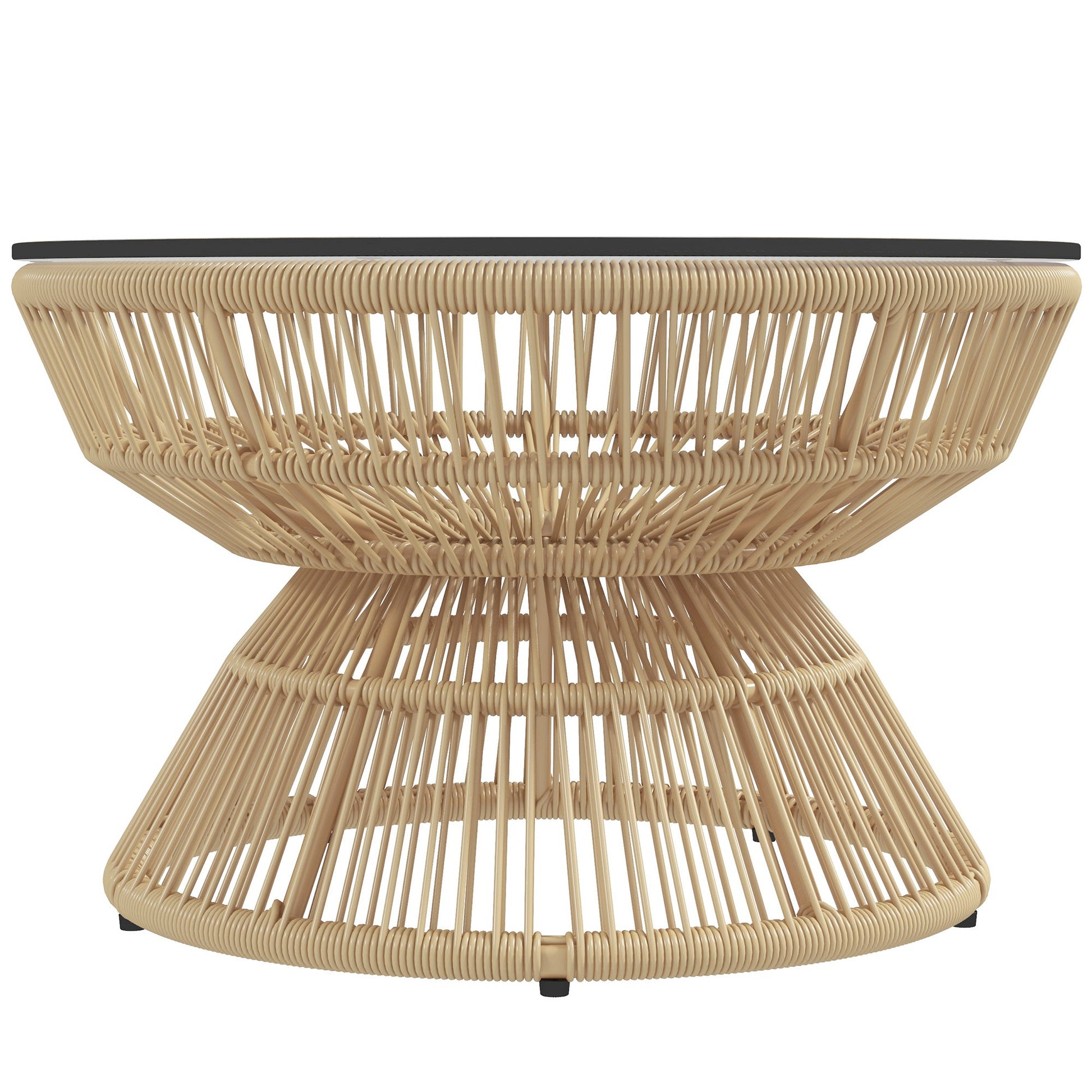 Rattan Outdoor Coffee Table, Patio End Table with Tempered Glass Tabletop & Steel Frame, Round Side Table Wicker Furniture for Backyard Lawn Balcony, Nature Wood